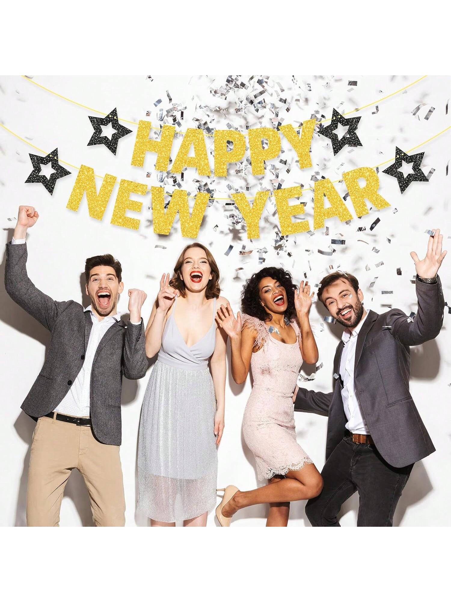 Gold Glitter Happy New Year 2026 Banner Holiday Party Celebration Decor