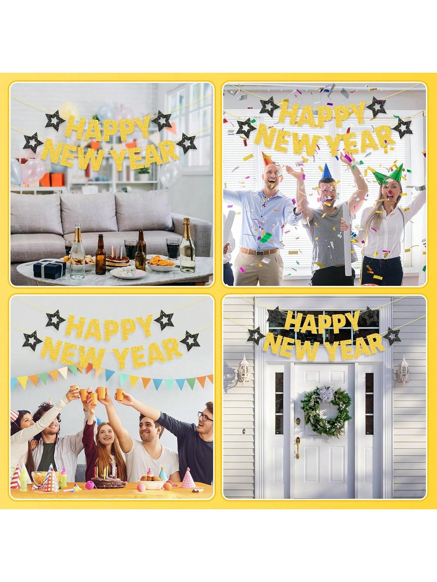 Gold Glitter Happy New Year 2026 Banner Holiday Party Celebration Decor