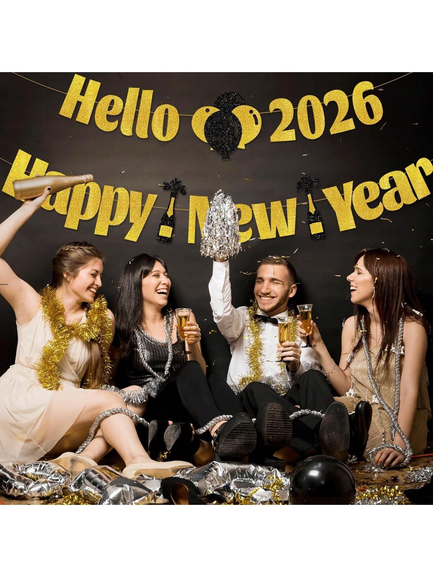 Sparkling Gold 2026 New Year Banner Hello 2026 for Party and Photo Decor