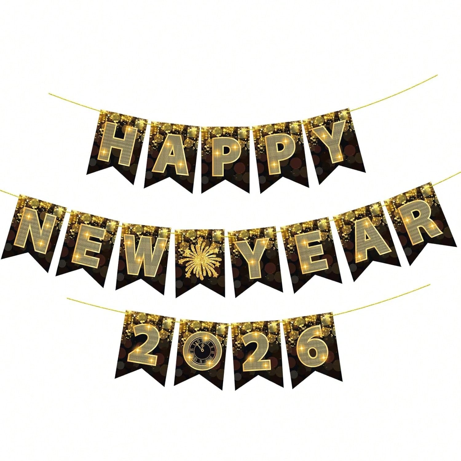 Happy New Year 2026 Banner Black and Gold for NYE Party Decorations and Favors