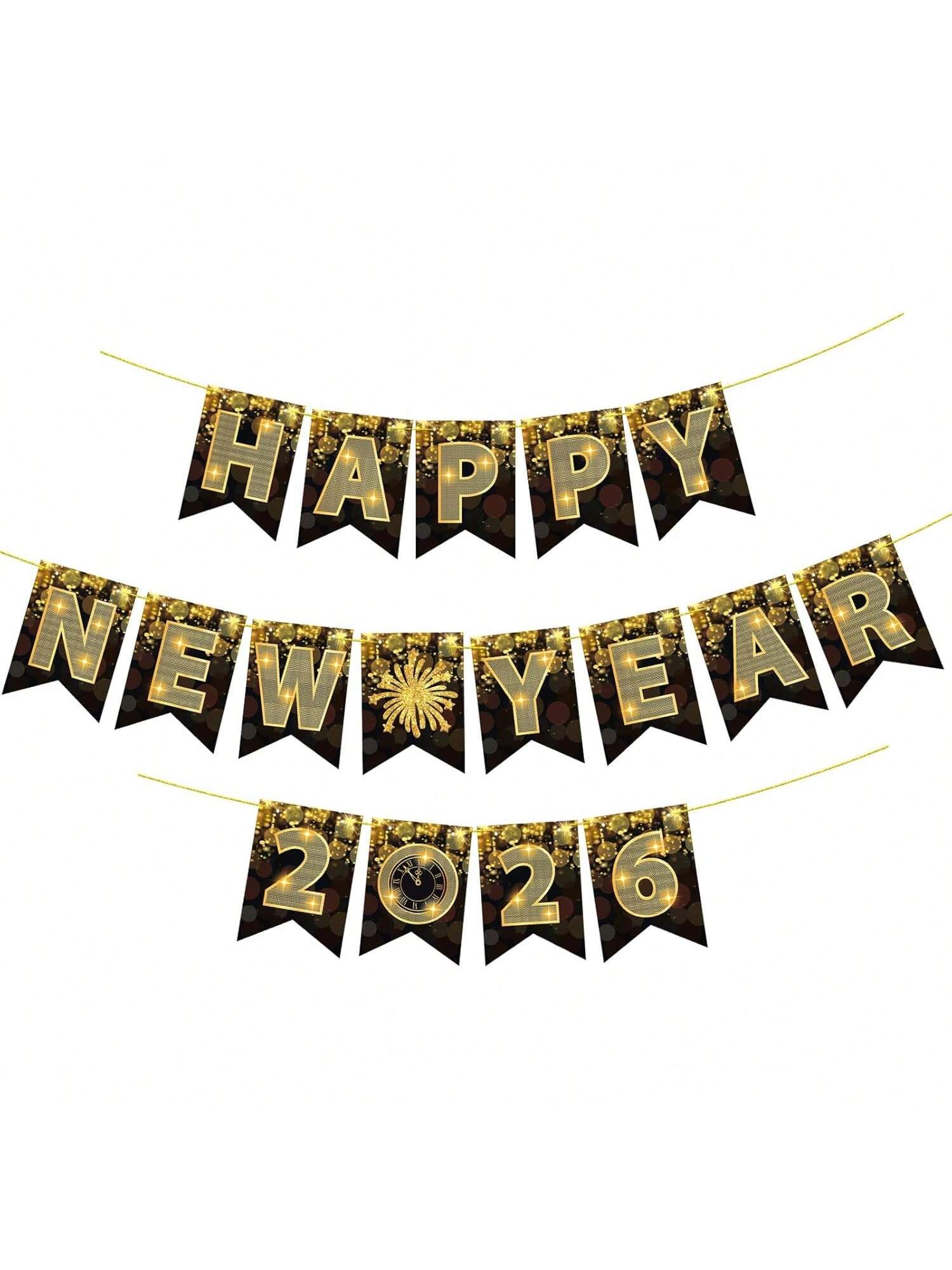 Happy New Year 2026 Banner Black and Gold for NYE Party Decorations and Favors