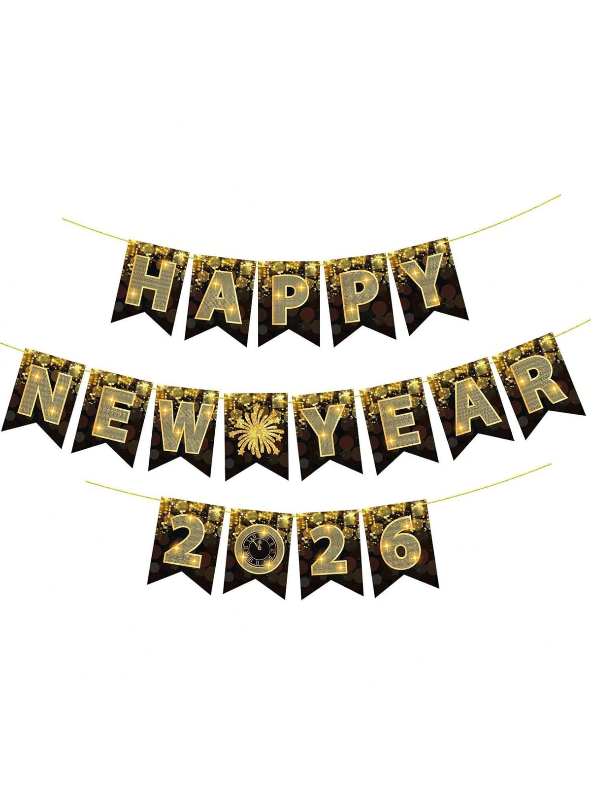 Happy New Year 2026 Banner Black and Gold for NYE Party Decorations and Favors