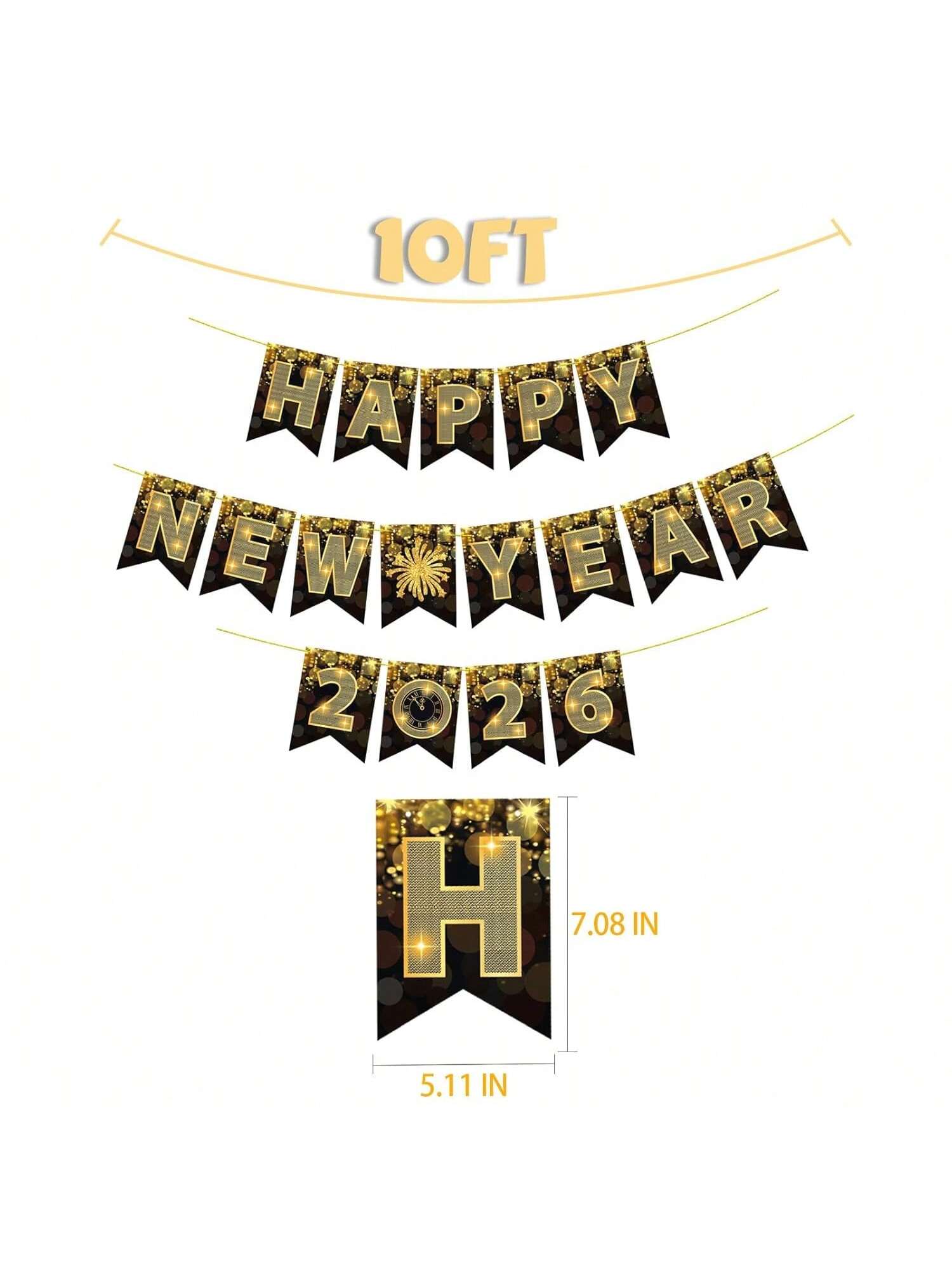 Happy New Year 2026 Banner Black and Gold for NYE Party Decorations and Favors