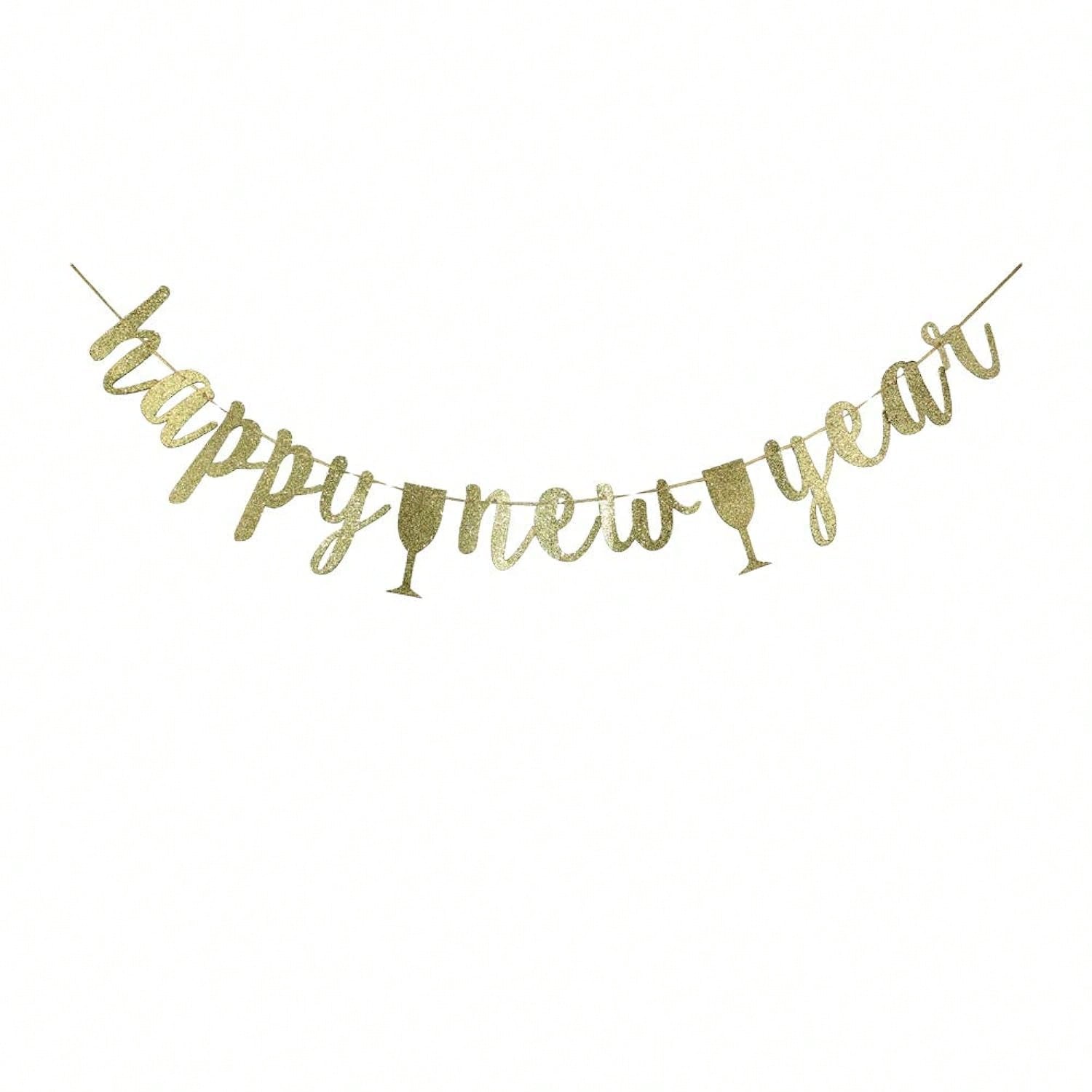Happy New Year Gold Banner for New Years Eve Christmas and Holiday Decor