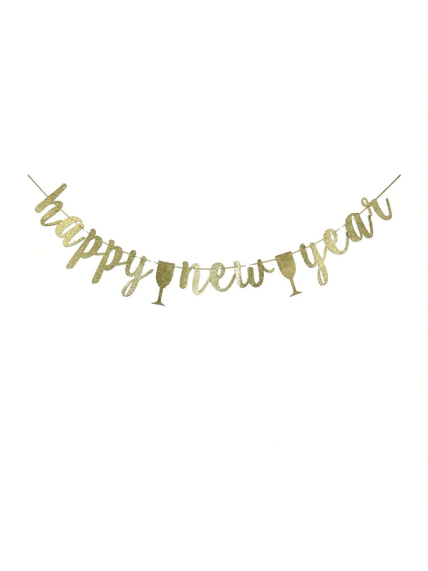 Happy New Year Gold Banner for New Years Eve Christmas and Holiday Decor