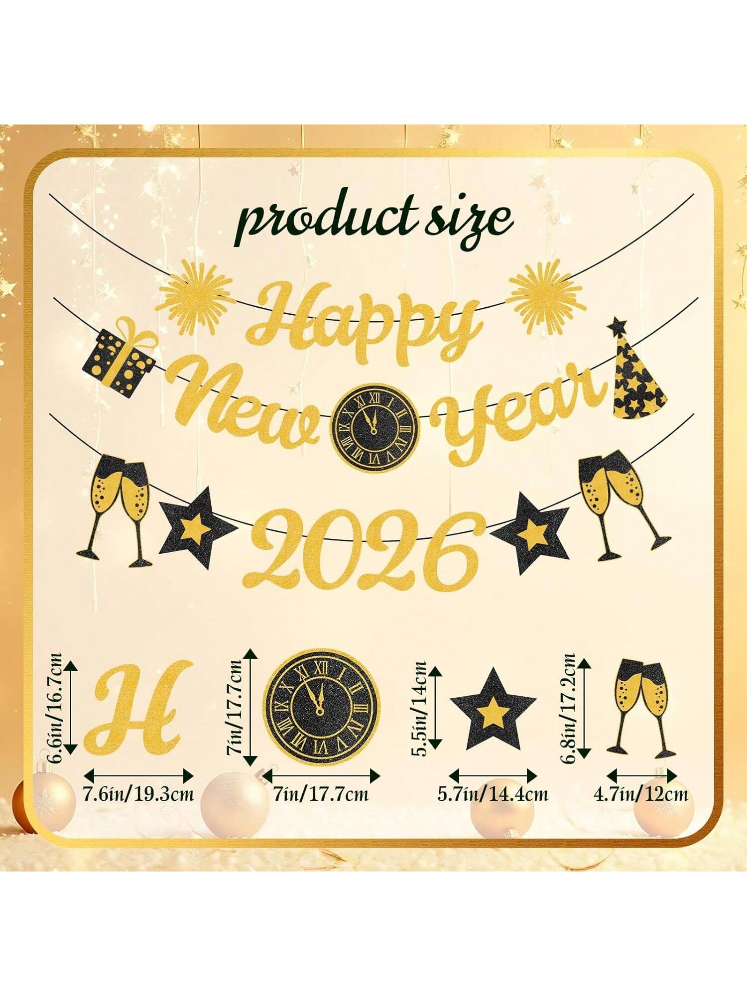 Gold Glitter Happy New Year 2026 Banner for NYE Party & Celebration Supplies