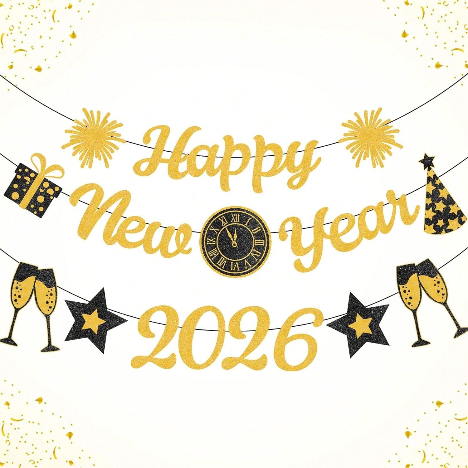 Gold Glitter Happy New Year 2026 Banner for NYE Party & Celebration Supplies