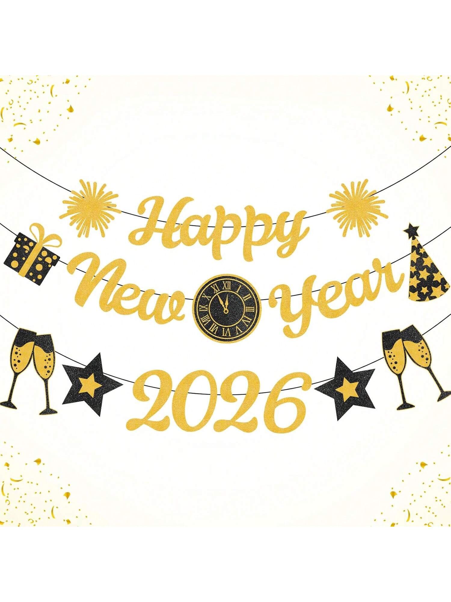 Gold Glitter Happy New Year 2026 Banner for NYE Party & Celebration Supplies