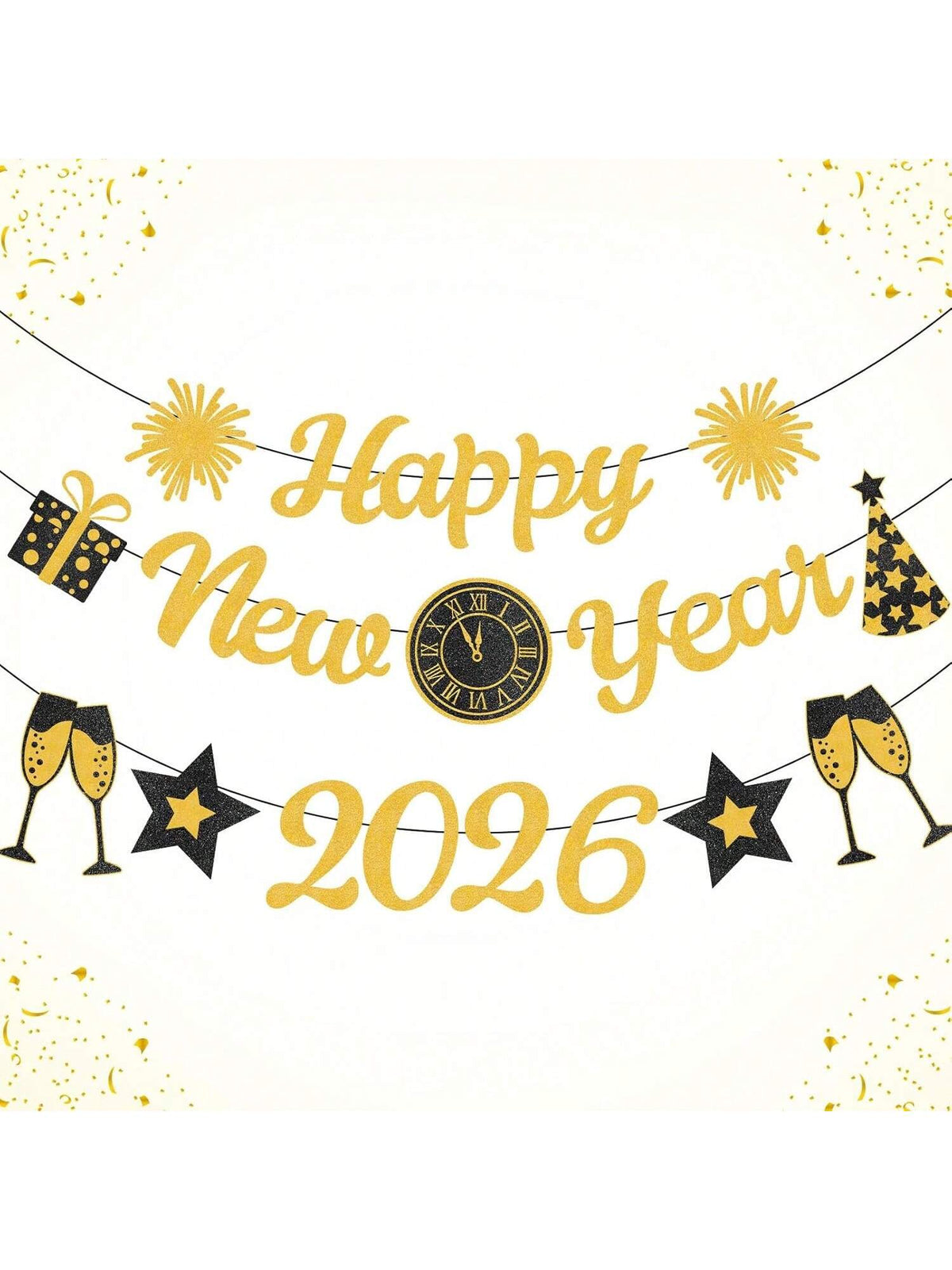Gold Glitter Happy New Year 2026 Banner for NYE Party & Celebration Supplies