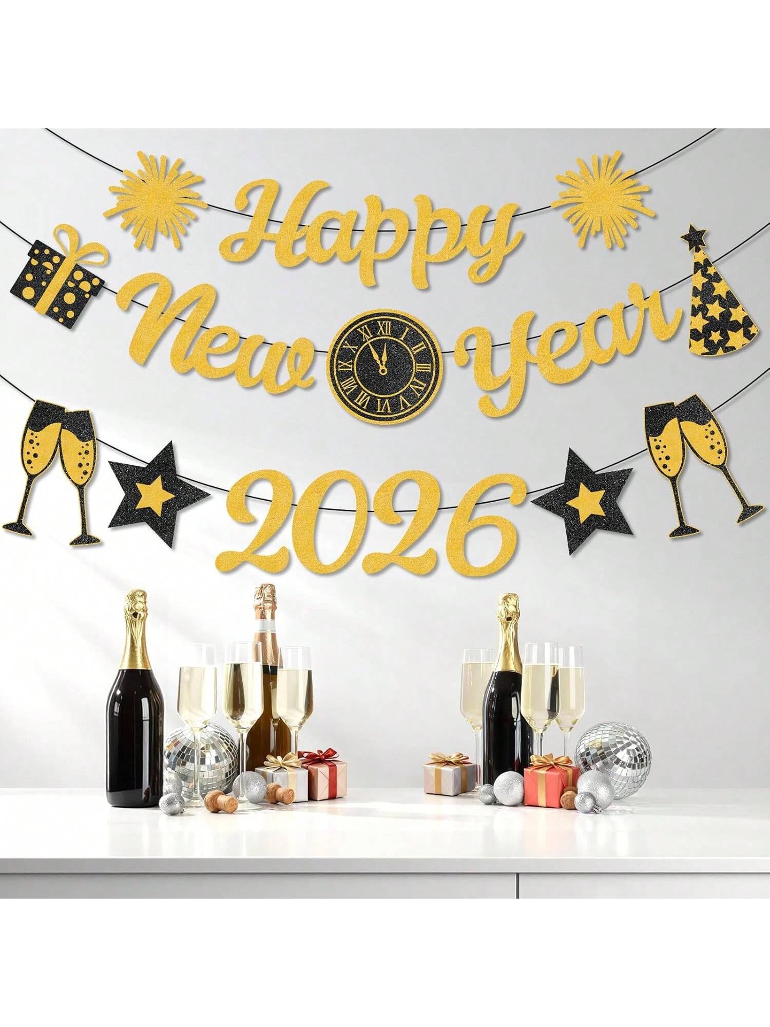 Gold Glitter Happy New Year 2026 Banner for NYE Party & Celebration Supplies