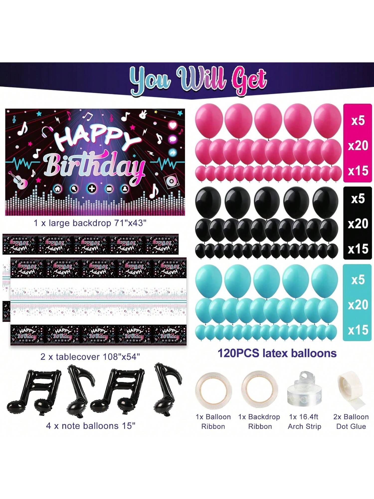 130 Pcs  Birthday Decorations, Music & Party Supplies, Balloons & Arch For Celebration