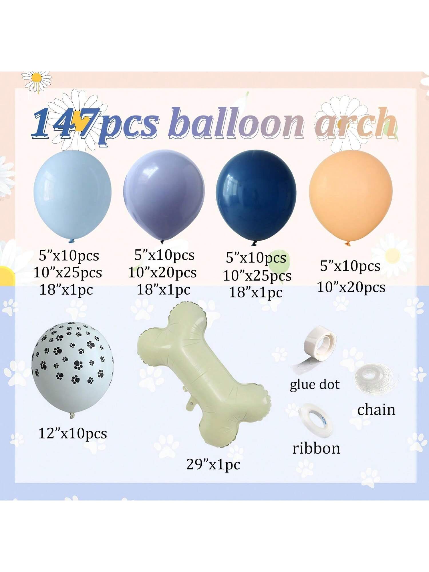 147PCS Blue Balloon Arch Kit with Dog Paw & Bone Foils for Puppy Parties