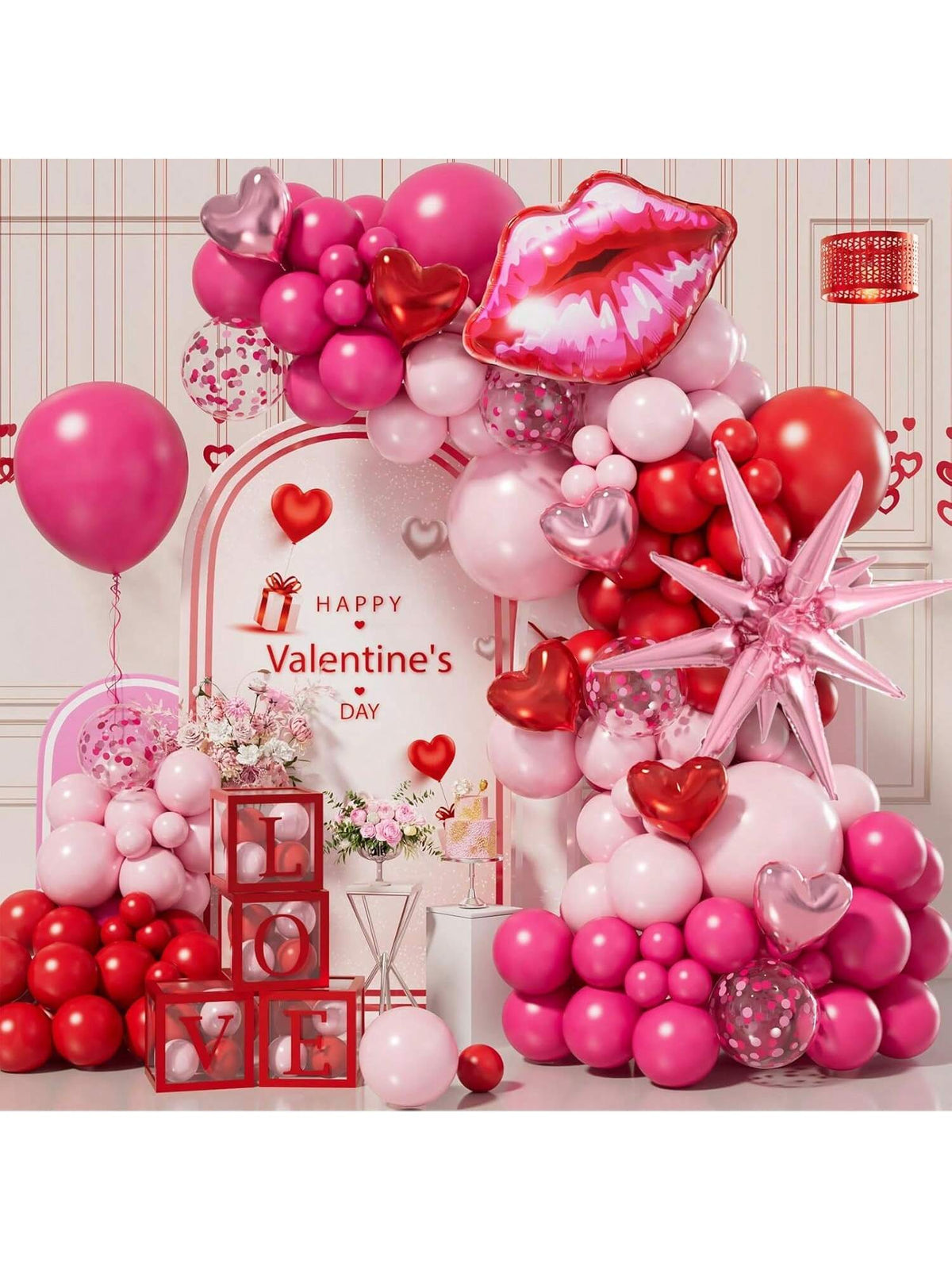152PCS Valentine Balloon Arch Kit Pink Red Confetti Hearts Foil Decorations