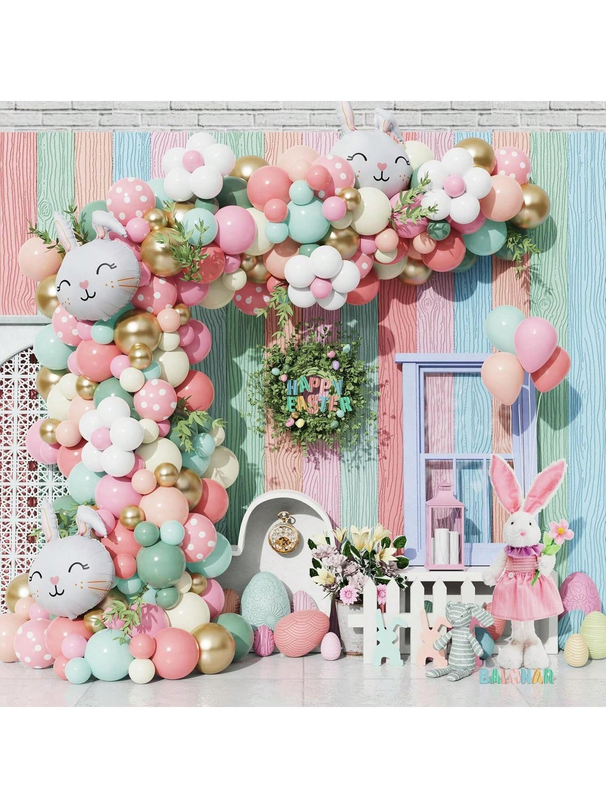 145PCS Pastel Easter Balloon Garland with Bunny Foil for Spring Party Decor