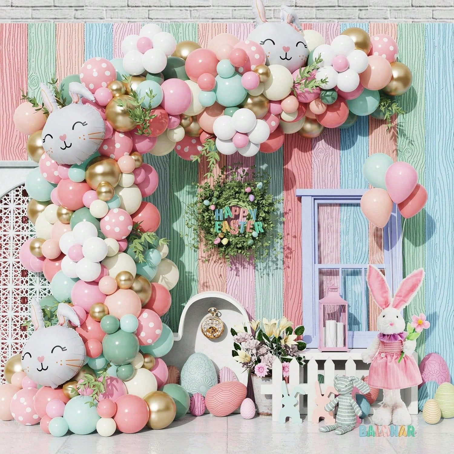 145PCS Pastel Easter Balloon Garland with Bunny Foil for Spring Party Decor