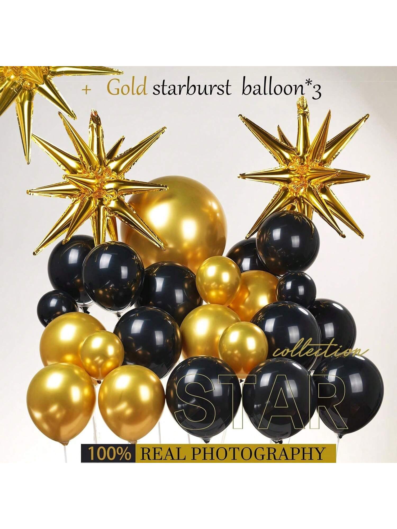 133pcs Gold & Black Balloon Garland with Starburst Mylar Balloons