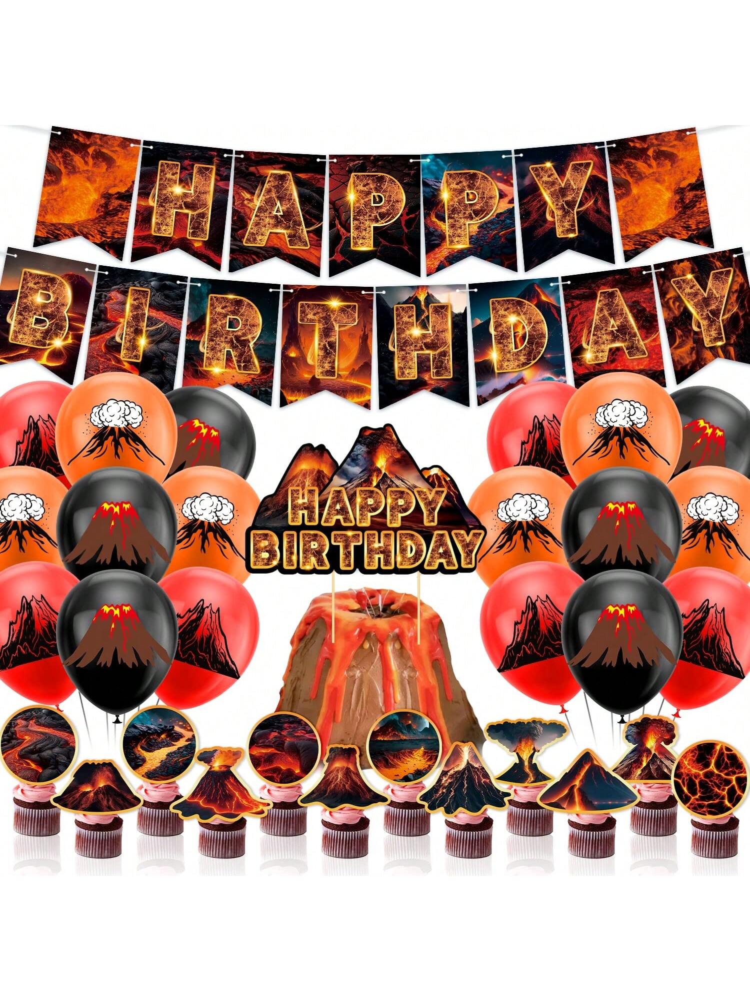 Lava Volcano Party Decoration Kit with Banner Cupcake Toppers and Balloons