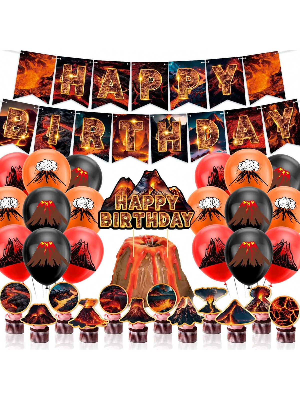 Lava Volcano Party Decoration Kit with Banner Cupcake Toppers and Balloons