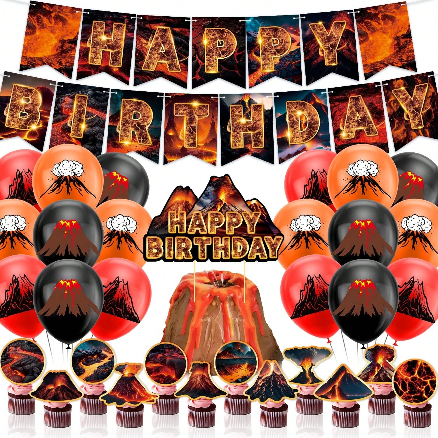 Lava Volcano Party Decoration Kit with Banner Cupcake Toppers and Balloons