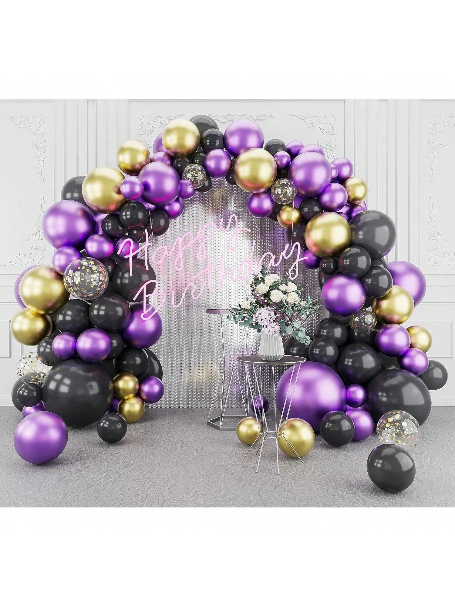 123pcs Metallic Balloon Arch Kit Purple Gold Black for Party & Celebration