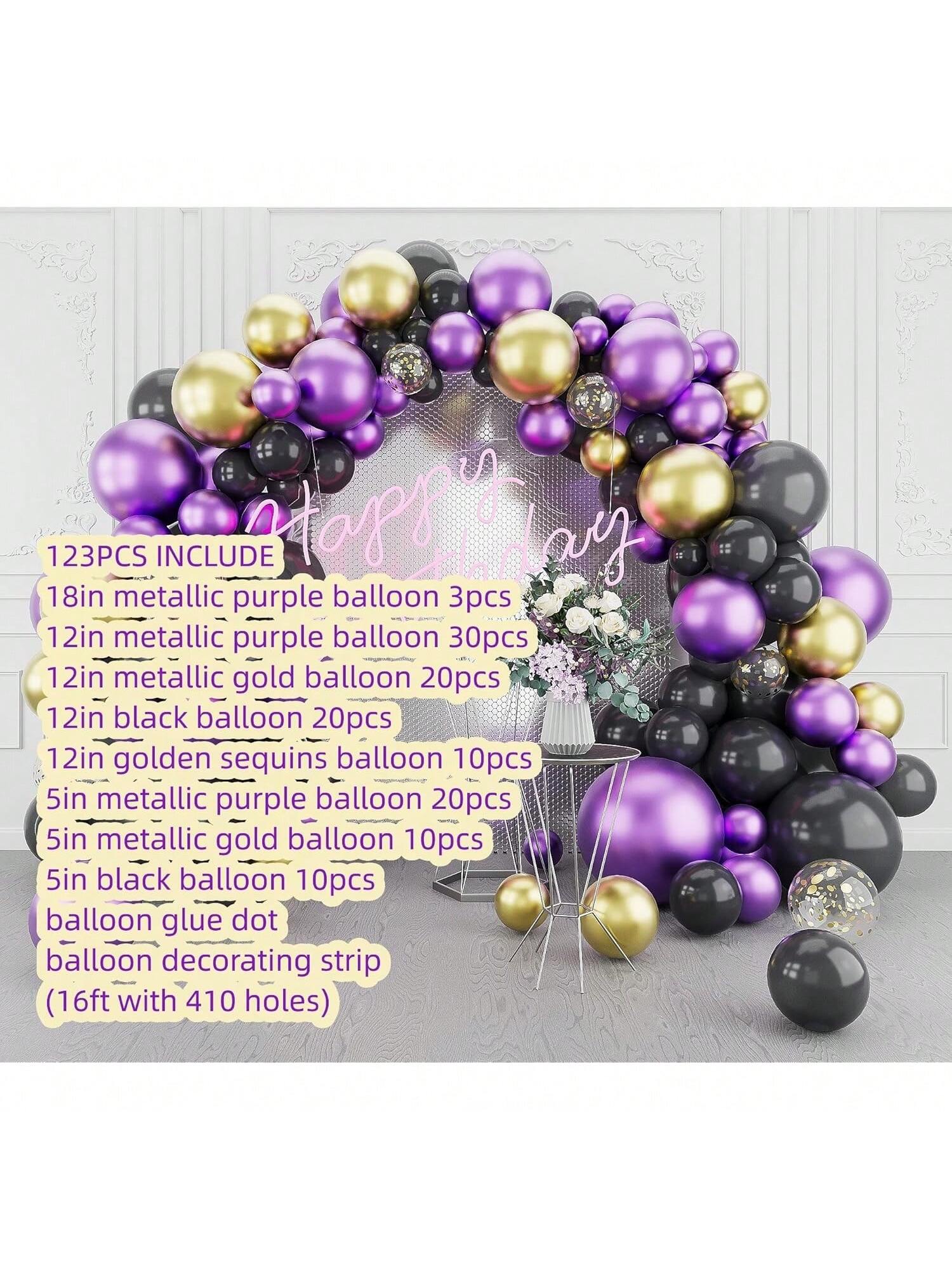 123pcs Metallic Balloon Arch Kit Purple Gold Black for Party & Celebration