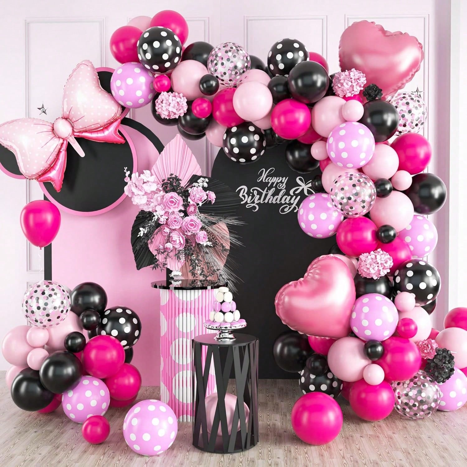 Pink & Black Balloon Arch Kit For Birthday Or Themed Party Decorations For Girls