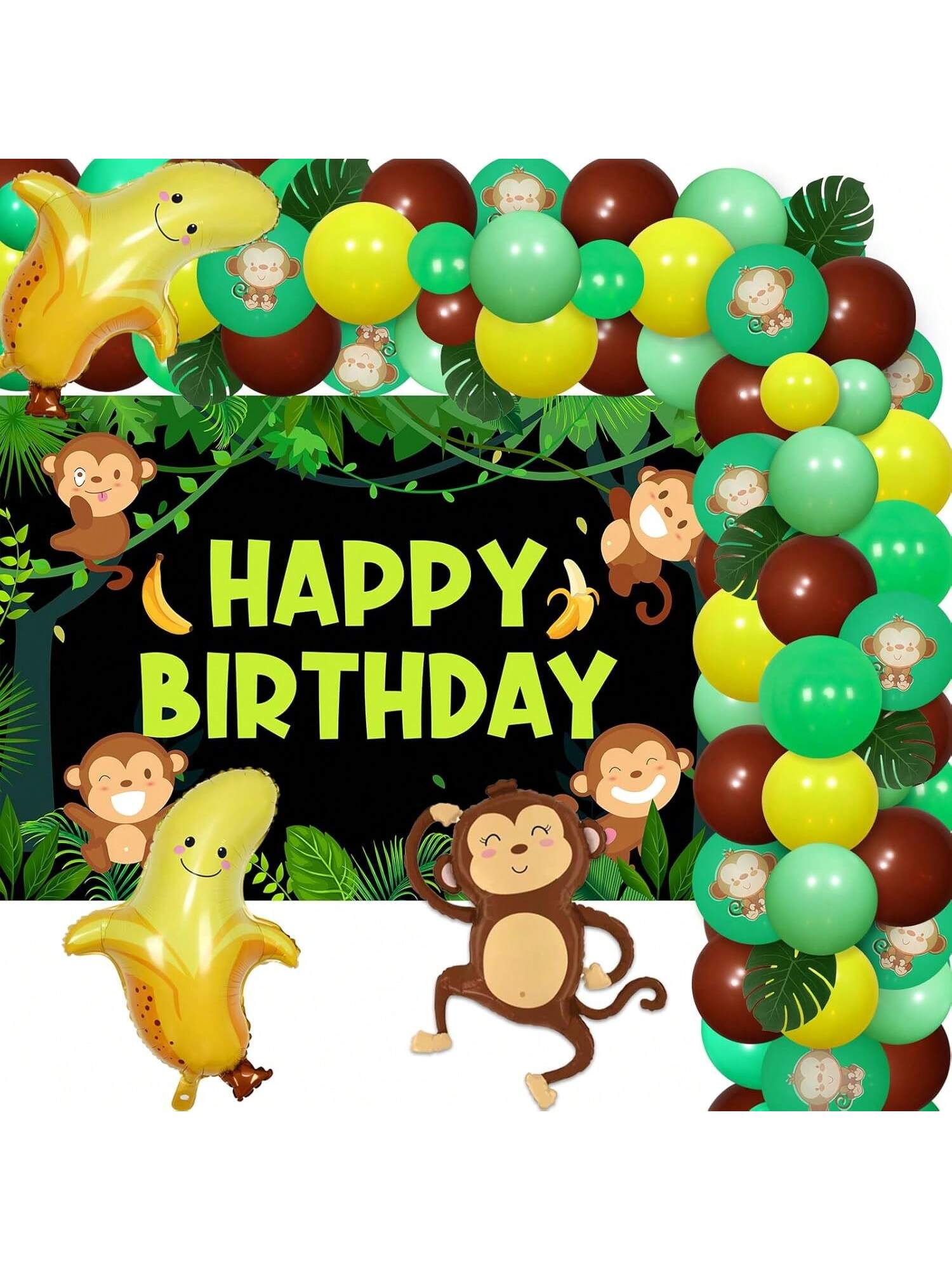 Monkey Jungle Party Decorations With Balloons, Garland, Backdrop, And Palm Leaves
