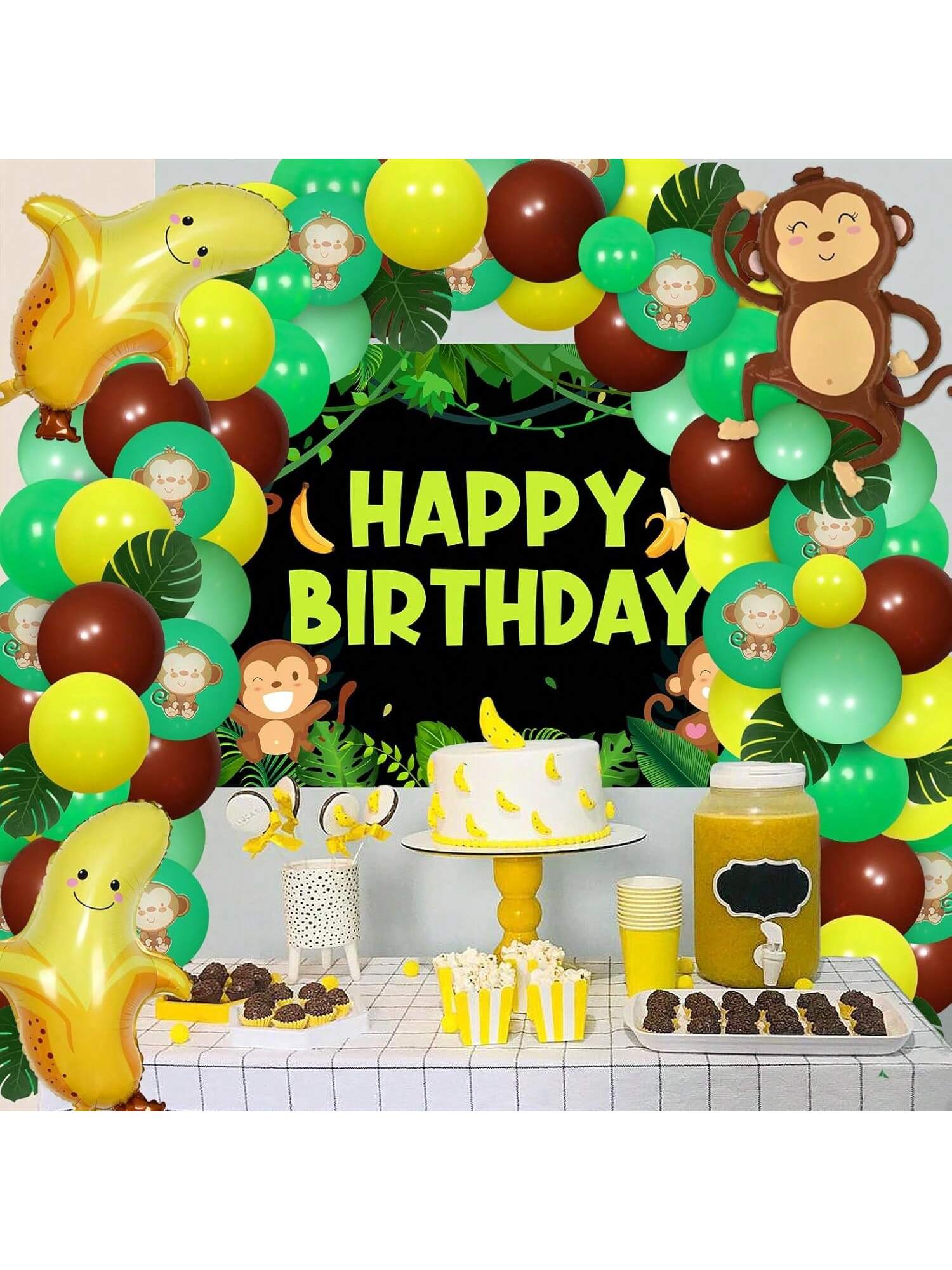 Monkey Jungle Party Decorations With Balloons, Garland, Backdrop, And Palm Leaves