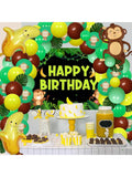 Monkey Jungle Party Decorations With Balloons, Garland, Backdrop, And Palm Leaves