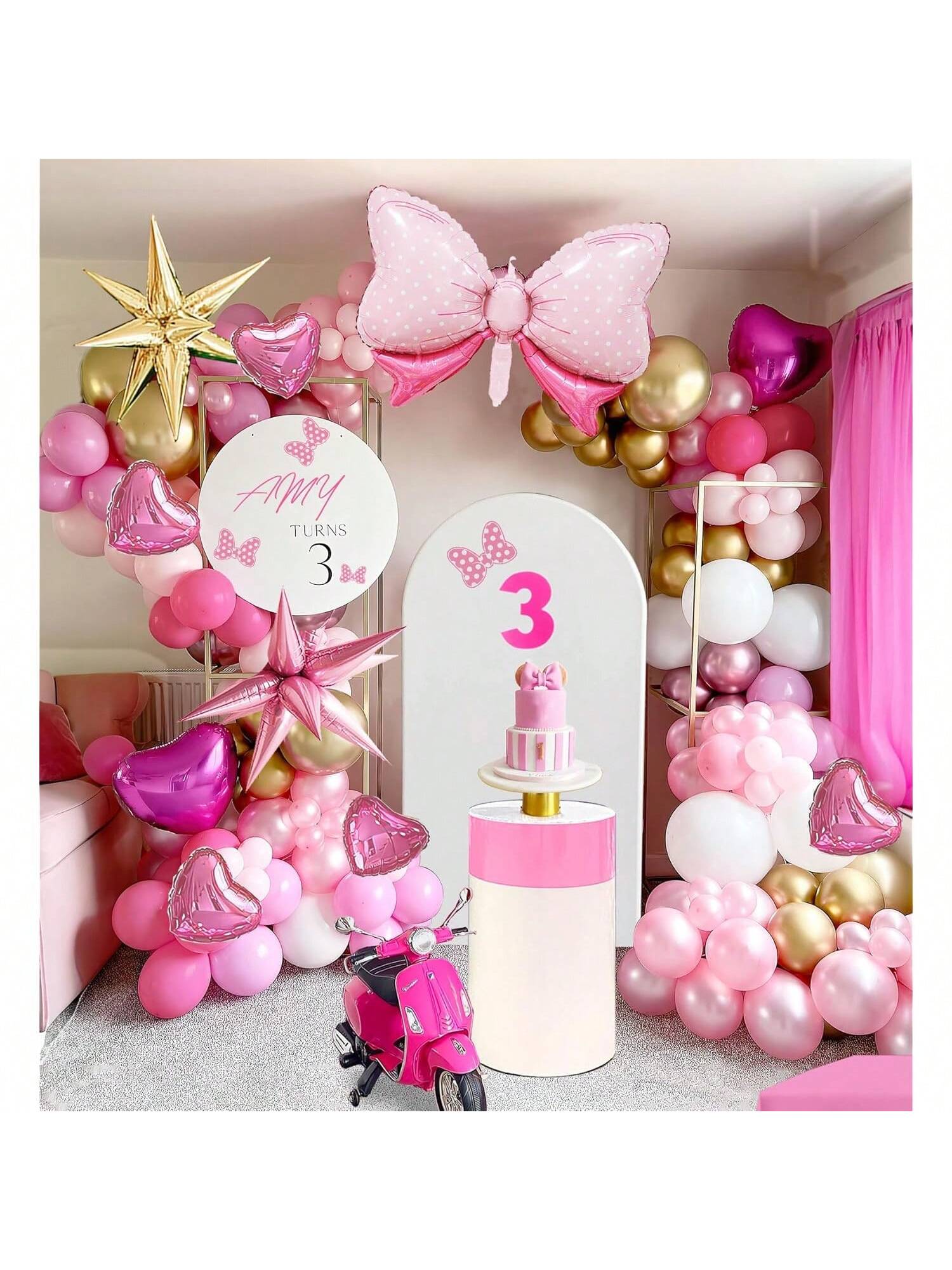 140Pc Mouse Balloon Garland Arch Pearl Pink White Gold Bowknot Party Decor