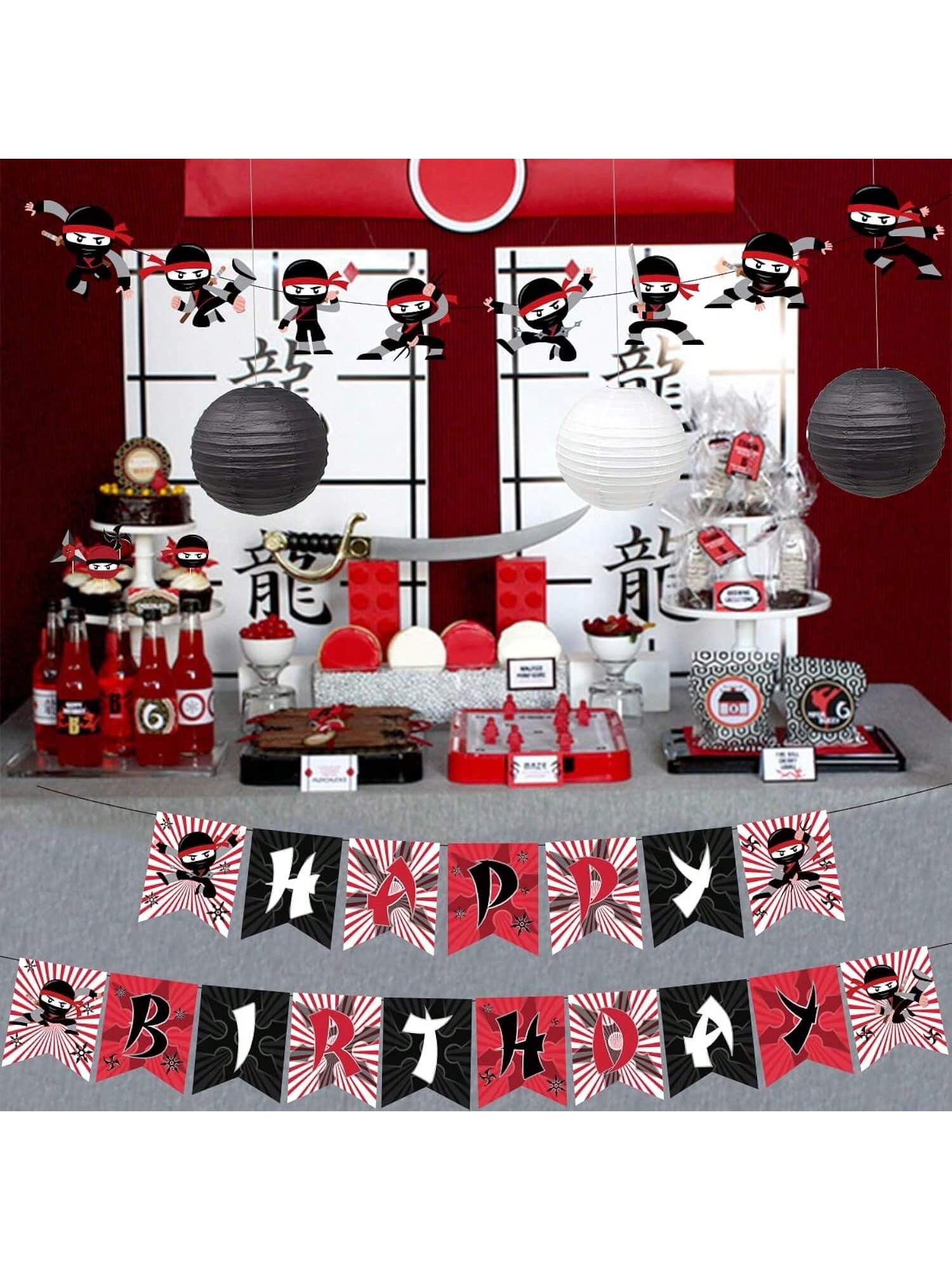 Red and Black Warrior Birthday Party Decorations for Boys with Banner and Toppers