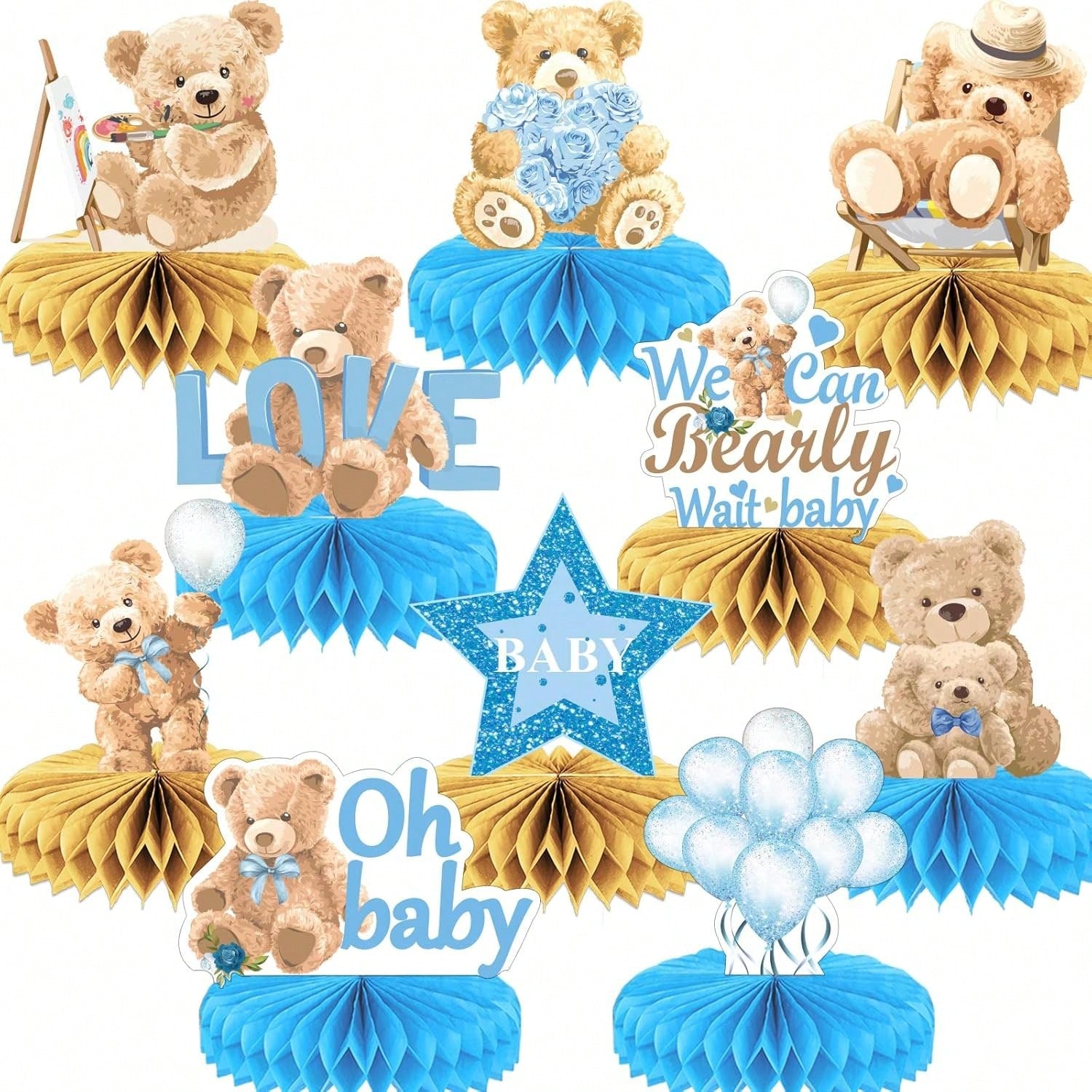 10-Pc Bear Honeycomb Centerpieces for Baby Showers Birthdays and Party Decor