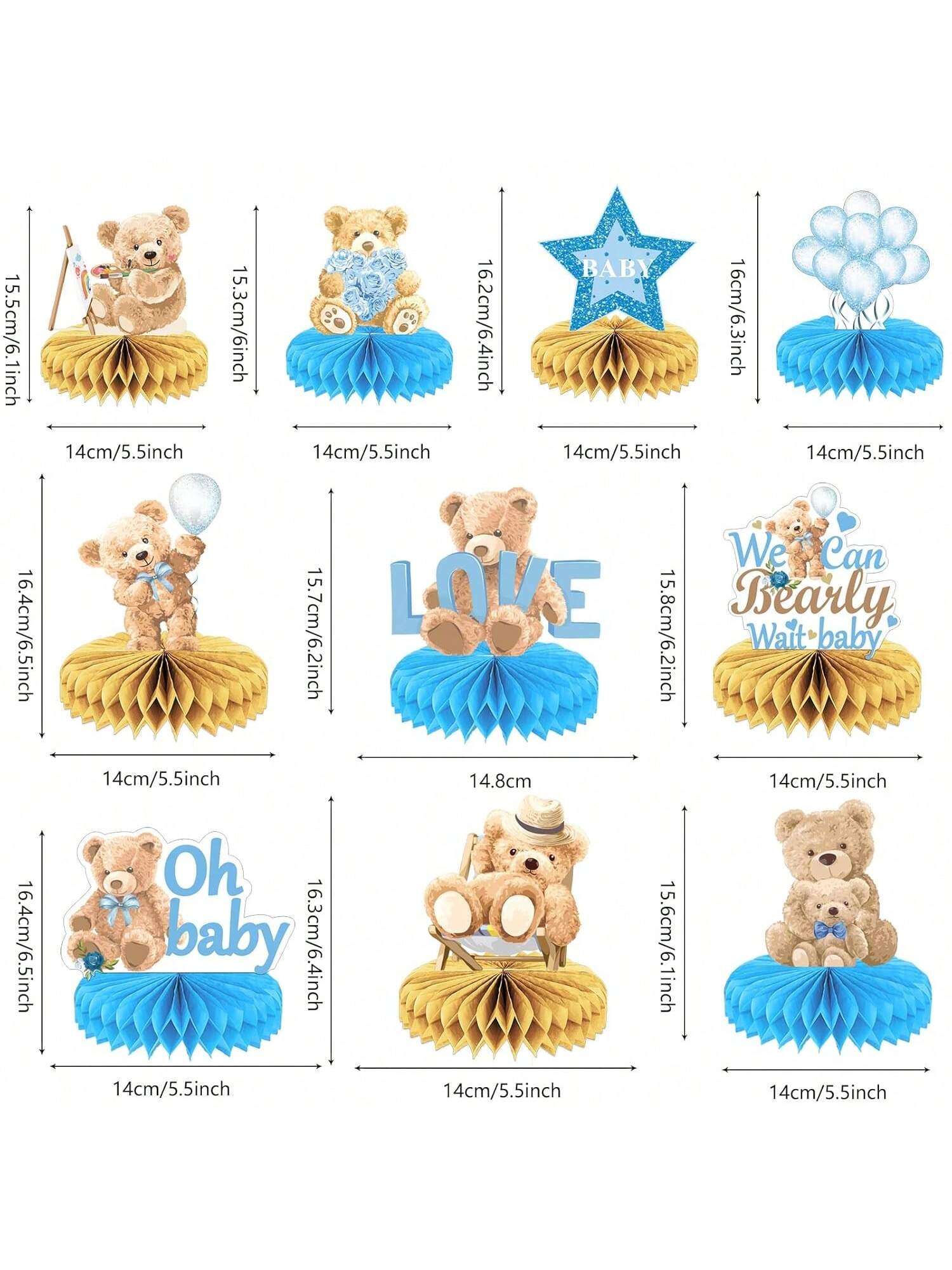 10-Pc Bear Honeycomb Centerpieces for Baby Showers Birthdays and Party Decor