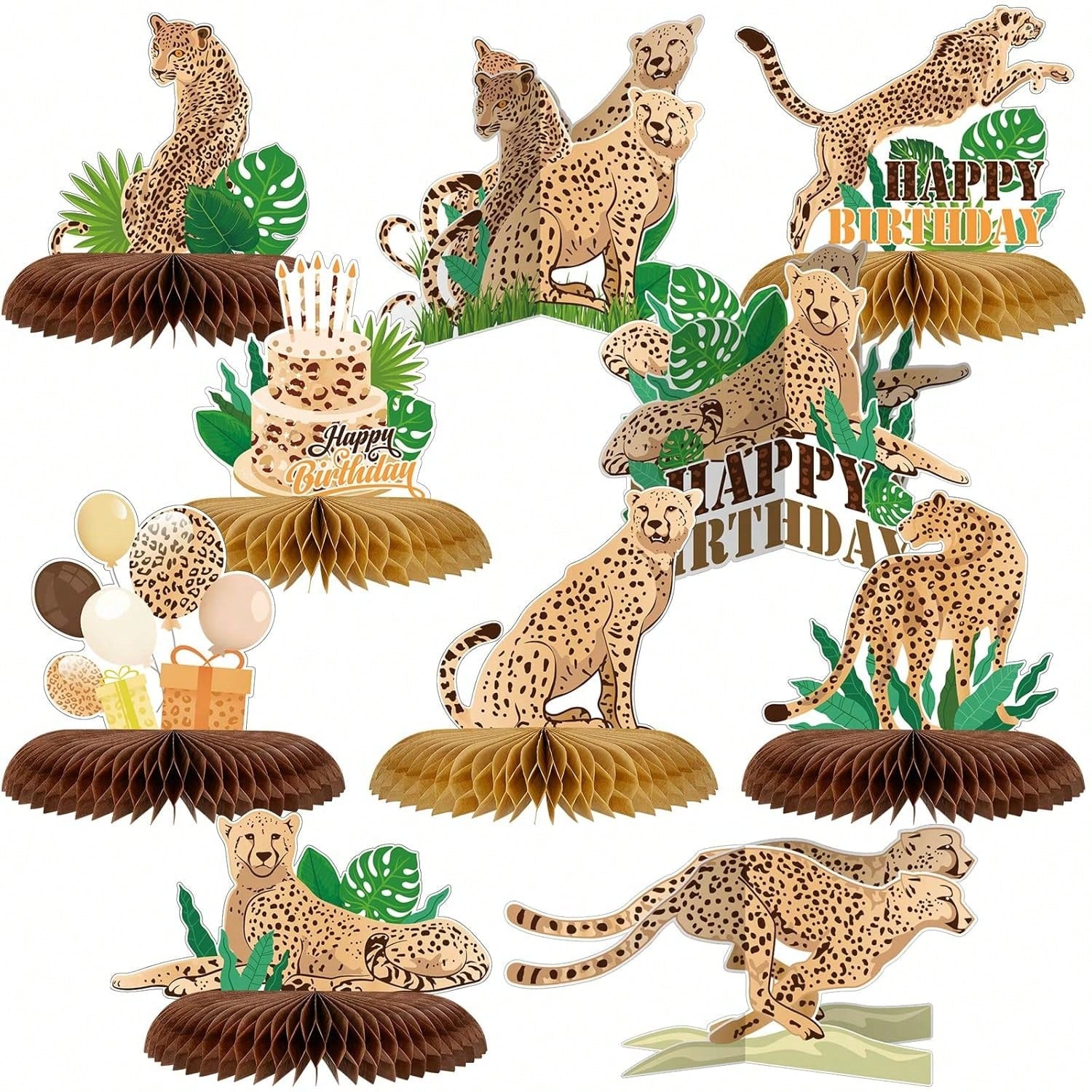 10-Pc Leopard and Cheetah Honeycomb Centerpieces for Jungle Birthday and Baby Shower