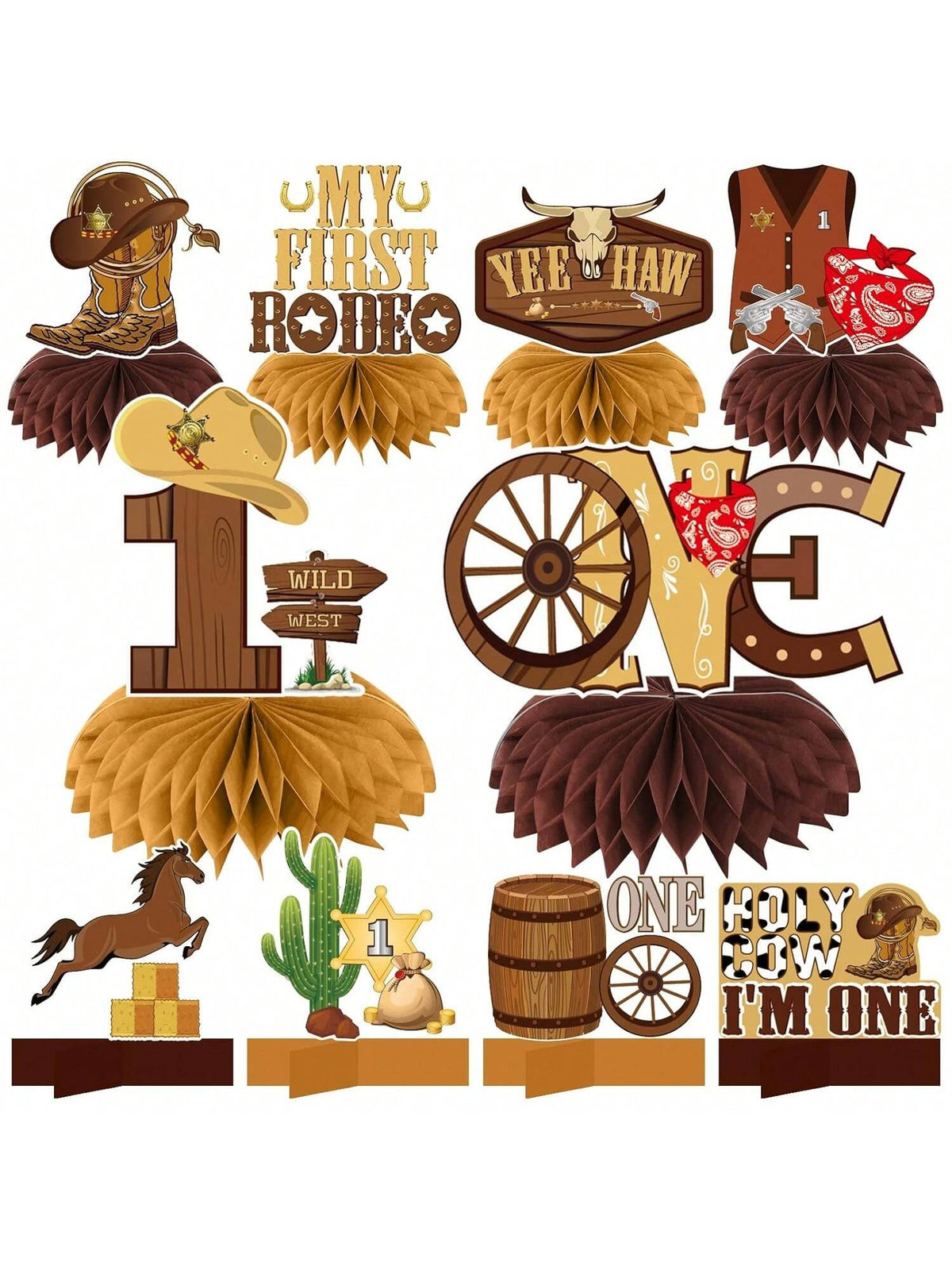 10PCS My First Rodeo Western Cowboy Birthday Honeycomb Centerpieces