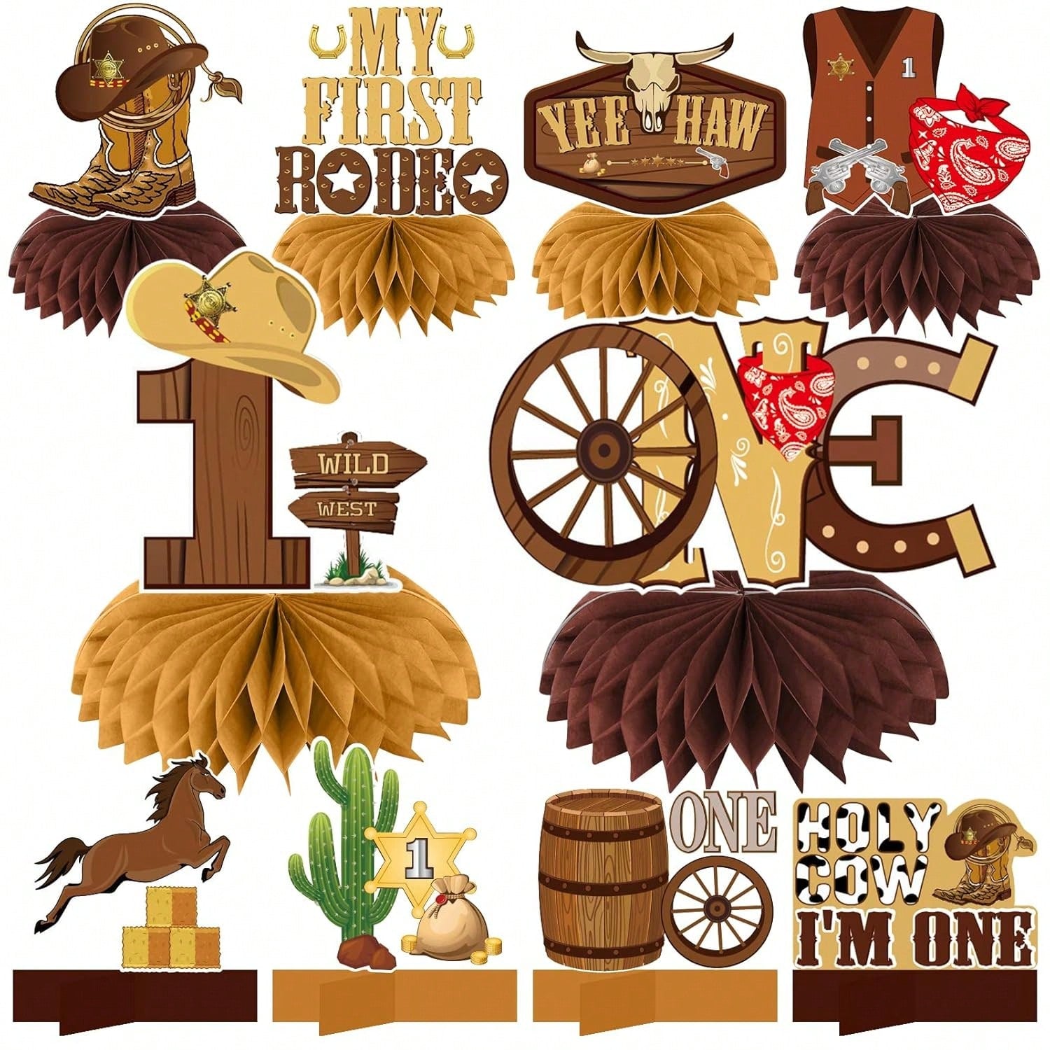 10PCS My First Rodeo Western Cowboy Birthday Honeycomb Centerpieces