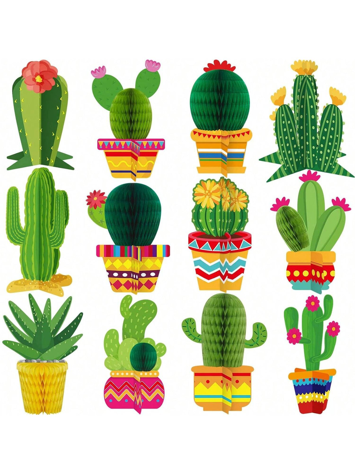 12PCS Cactus Party Decor Set with Honeycomb Centers & Garland for Fiesta