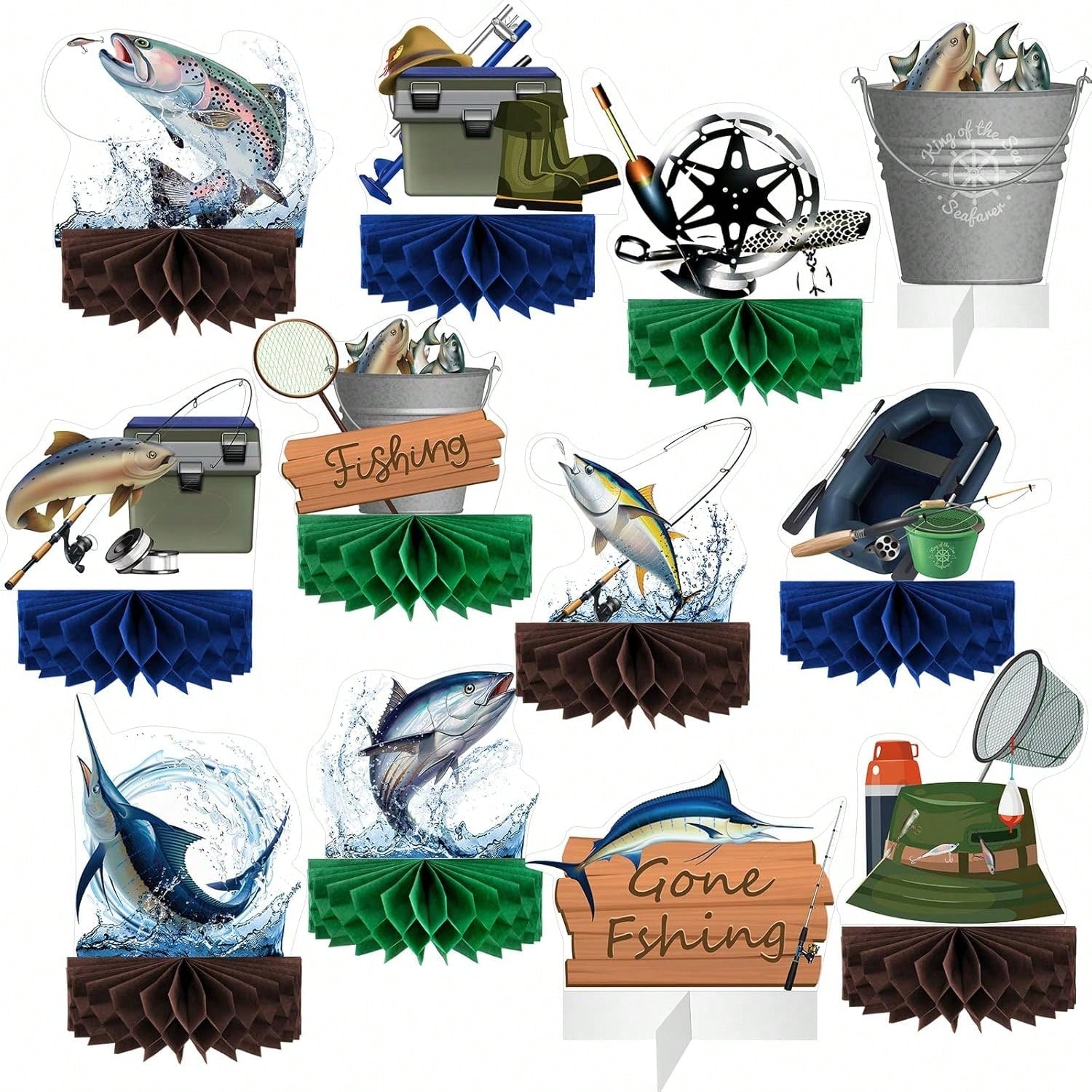 12-Pc Fishing Honeycomb Centerpieces for Birthday Baby Shower and Party Decor