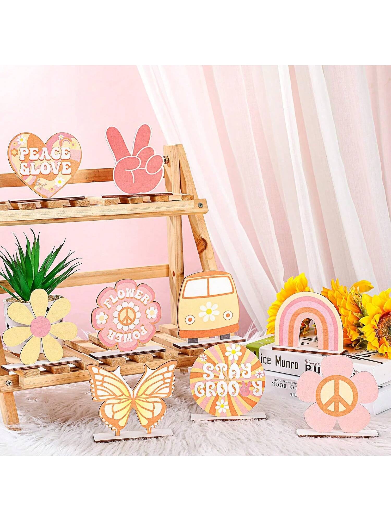 12pcs Groovy Party Decorations Boho Wooden Centerpieces Retro 60s 70s Party