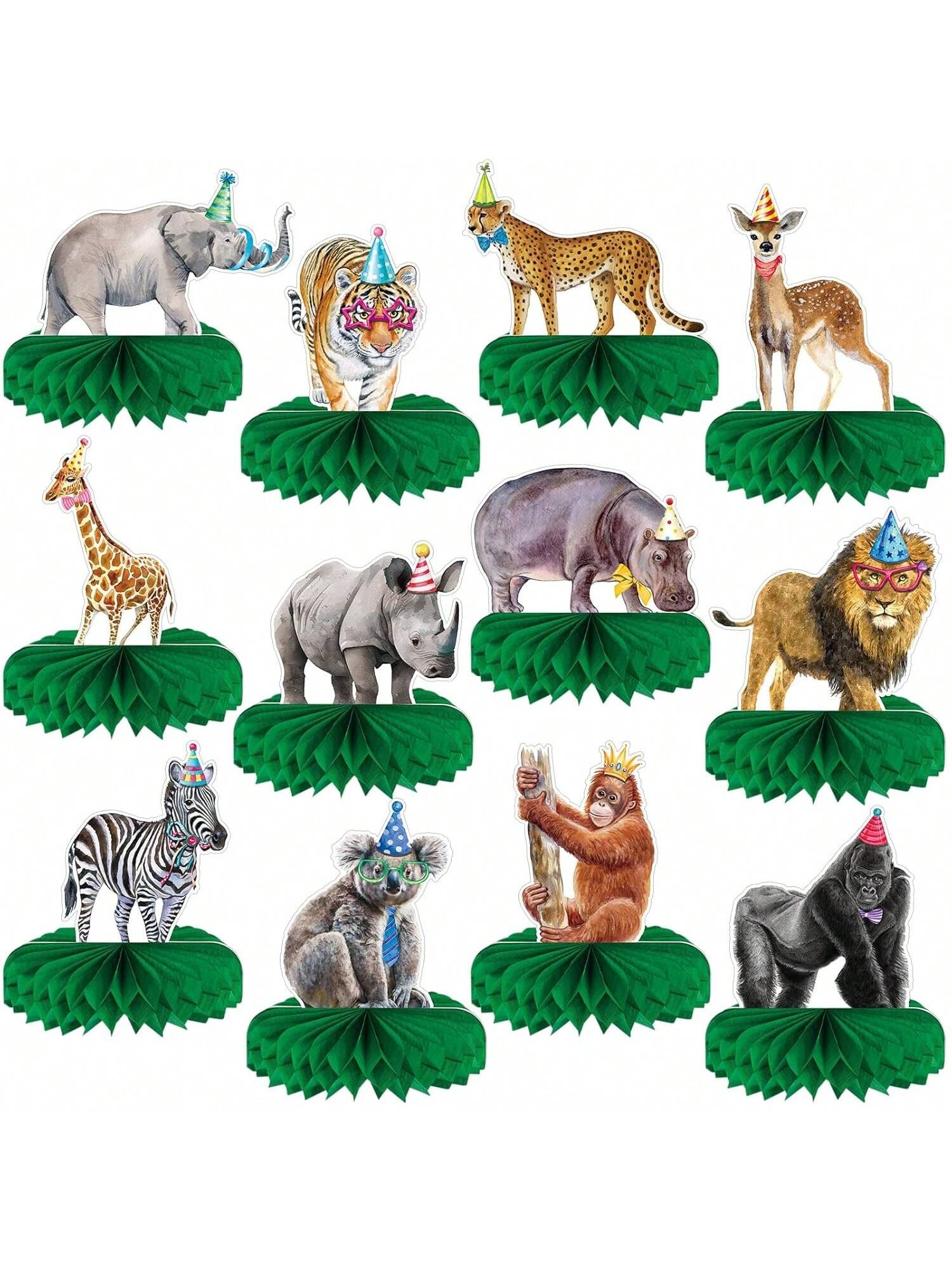 12-Pc Jungle Animal Honeycomb Centerpieces for Birthday and Baby Shower Parties