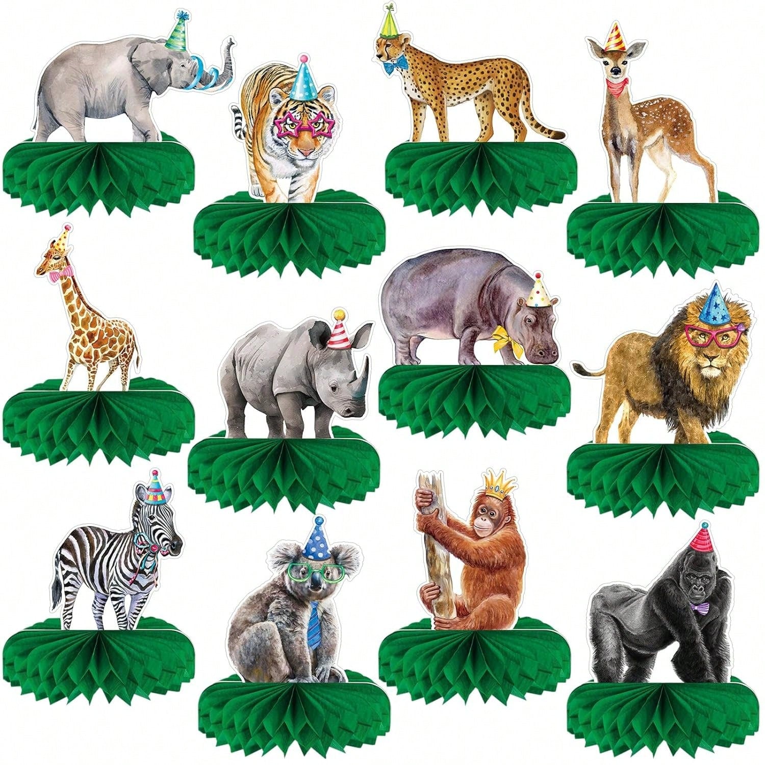 12-Pc Jungle Animal Honeycomb Centerpieces for Birthday and Baby Shower Parties