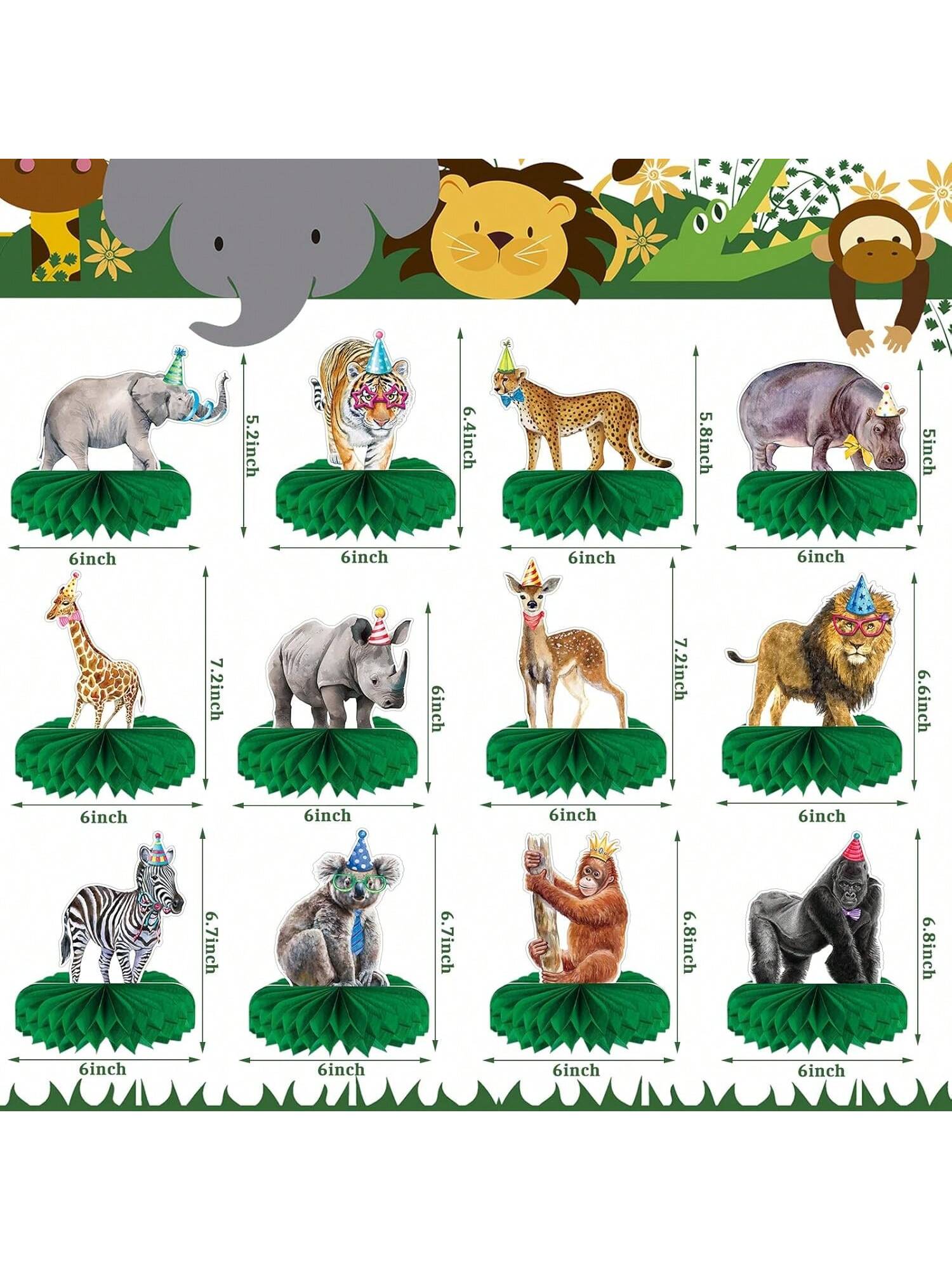 12-Pc Jungle Animal Honeycomb Centerpieces for Birthday and Baby Shower Parties