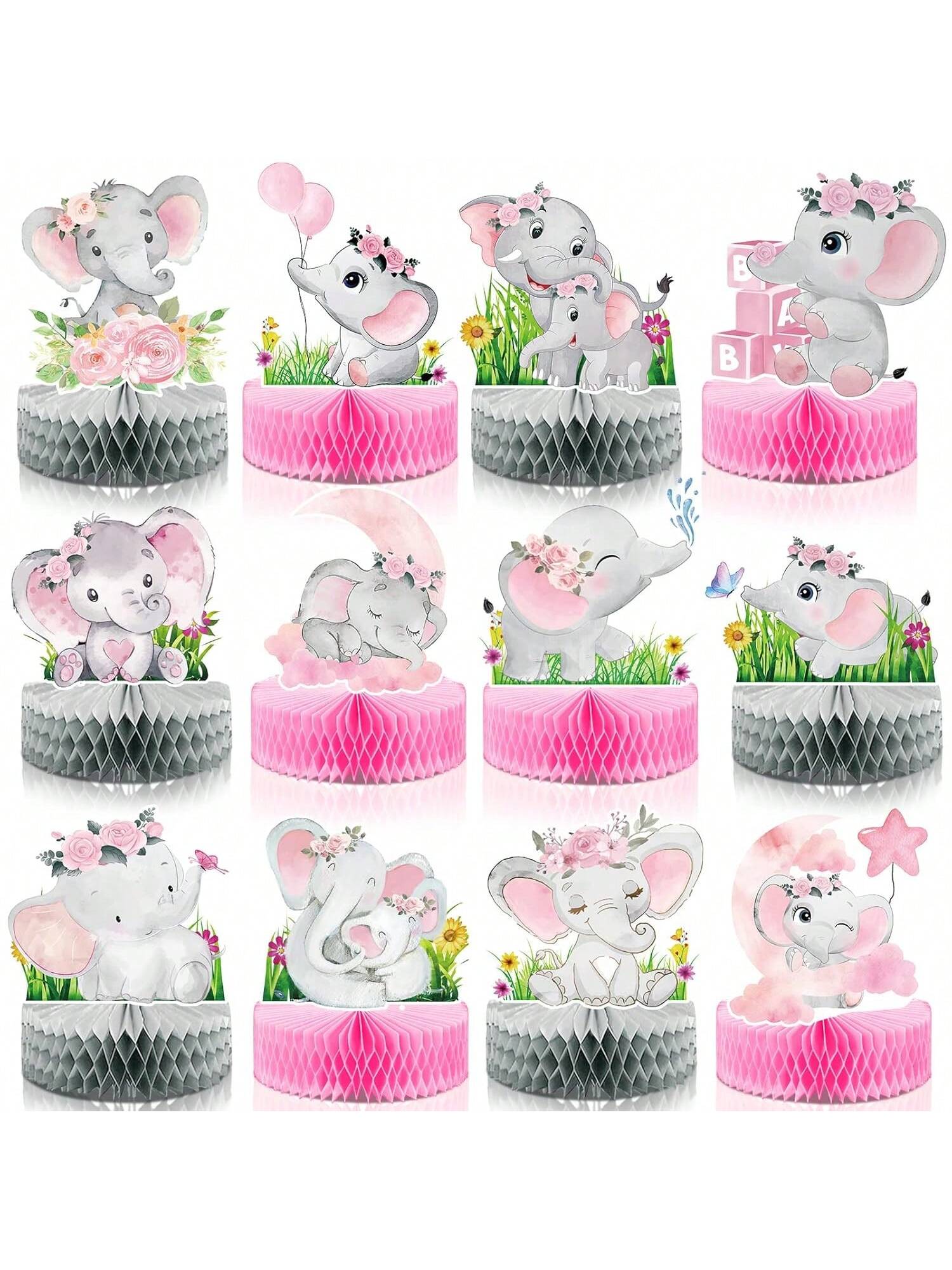 12-Pc Pink Elephant Honeycomb Centerpieces for Baby Showers Birthdays and Parties