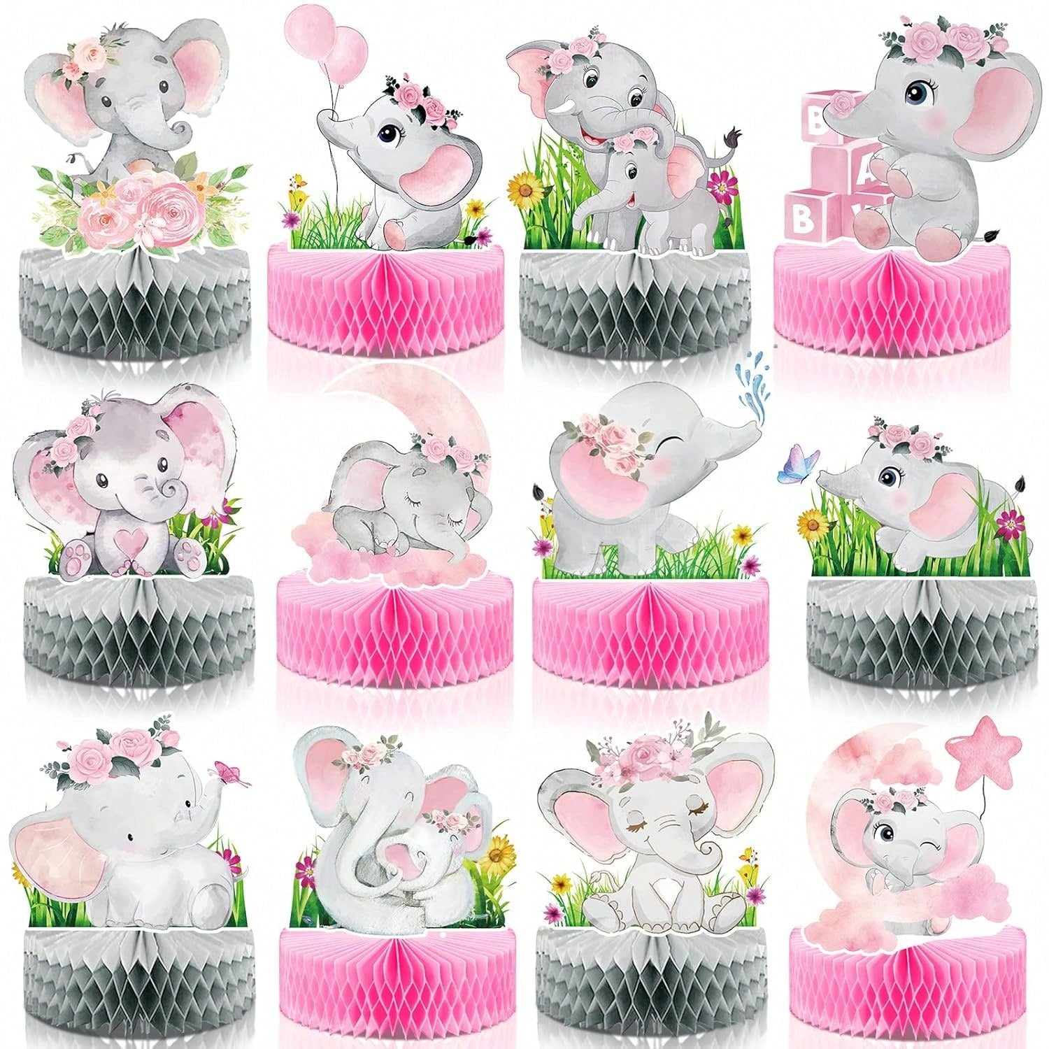 12-Pc Pink Elephant Honeycomb Centerpieces for Baby Showers Birthdays and Parties