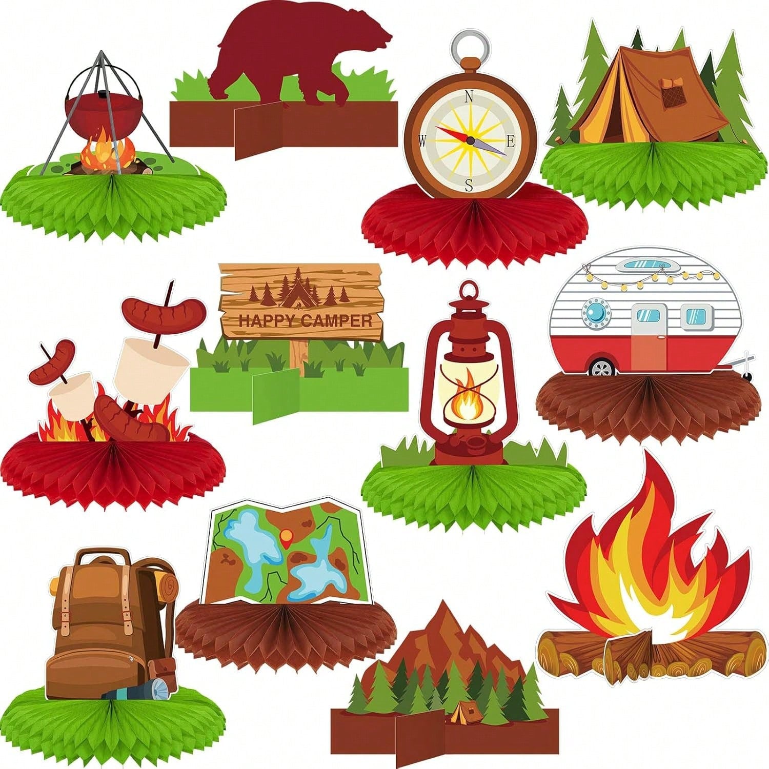 12-Pc Camping Honeycomb Centerpieces with Bears Tent and Campfire Table Decor