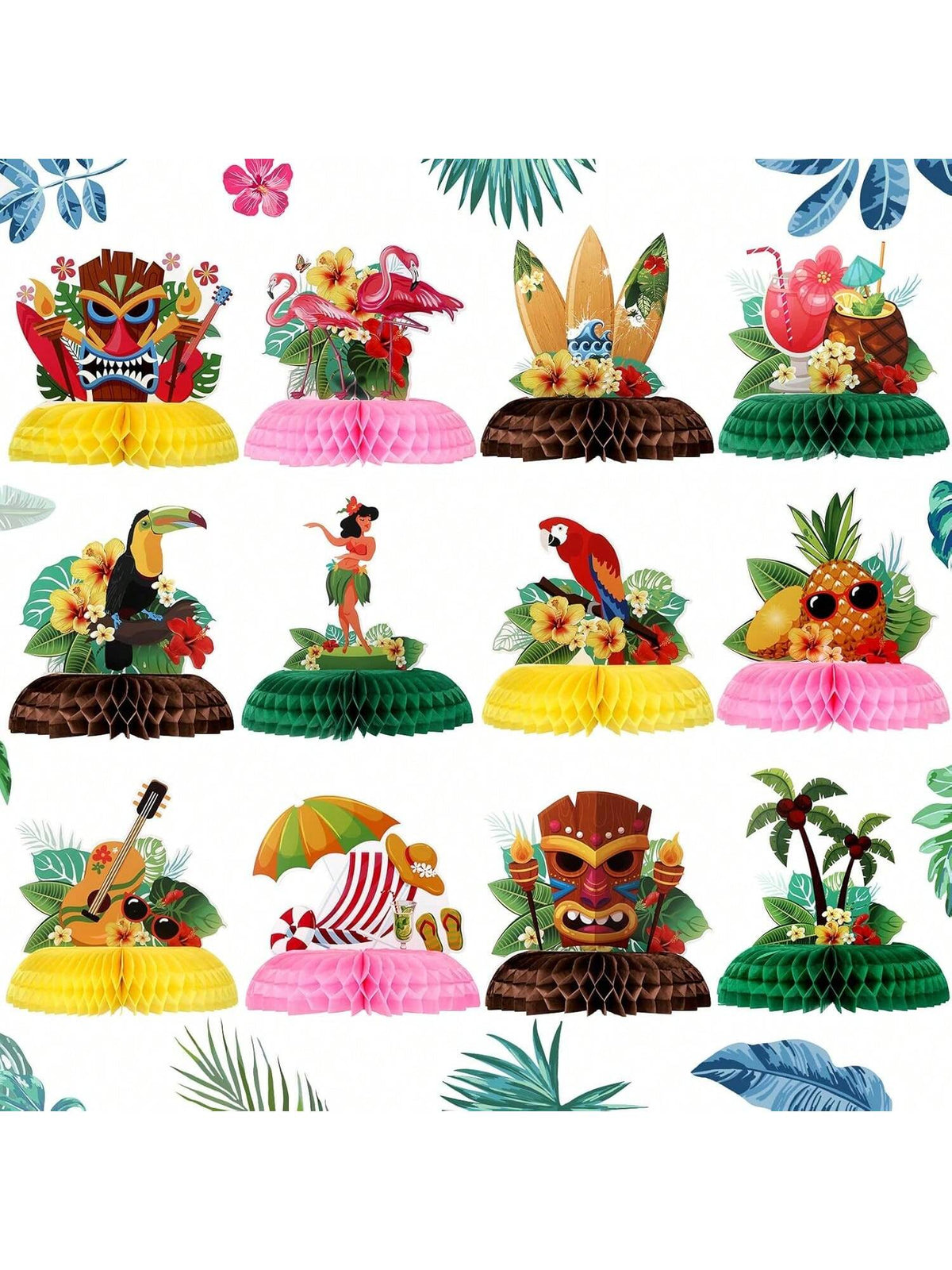 12-Piece Hawaiian Luau Honeycomb Centerpieces 8-Inch for Party Table Decor