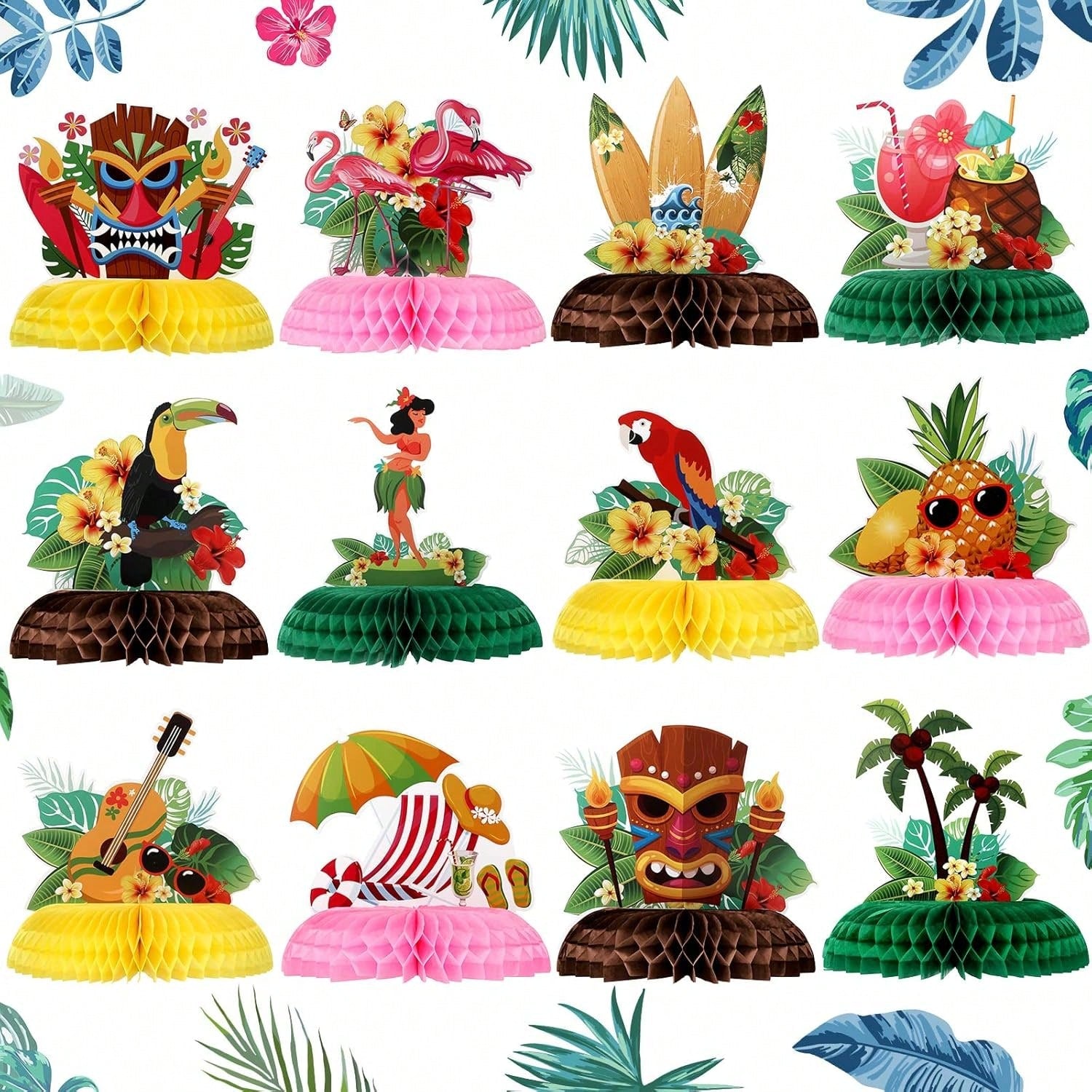 12-Piece Hawaiian Luau Honeycomb Centerpieces 8-Inch for Party Table Decor