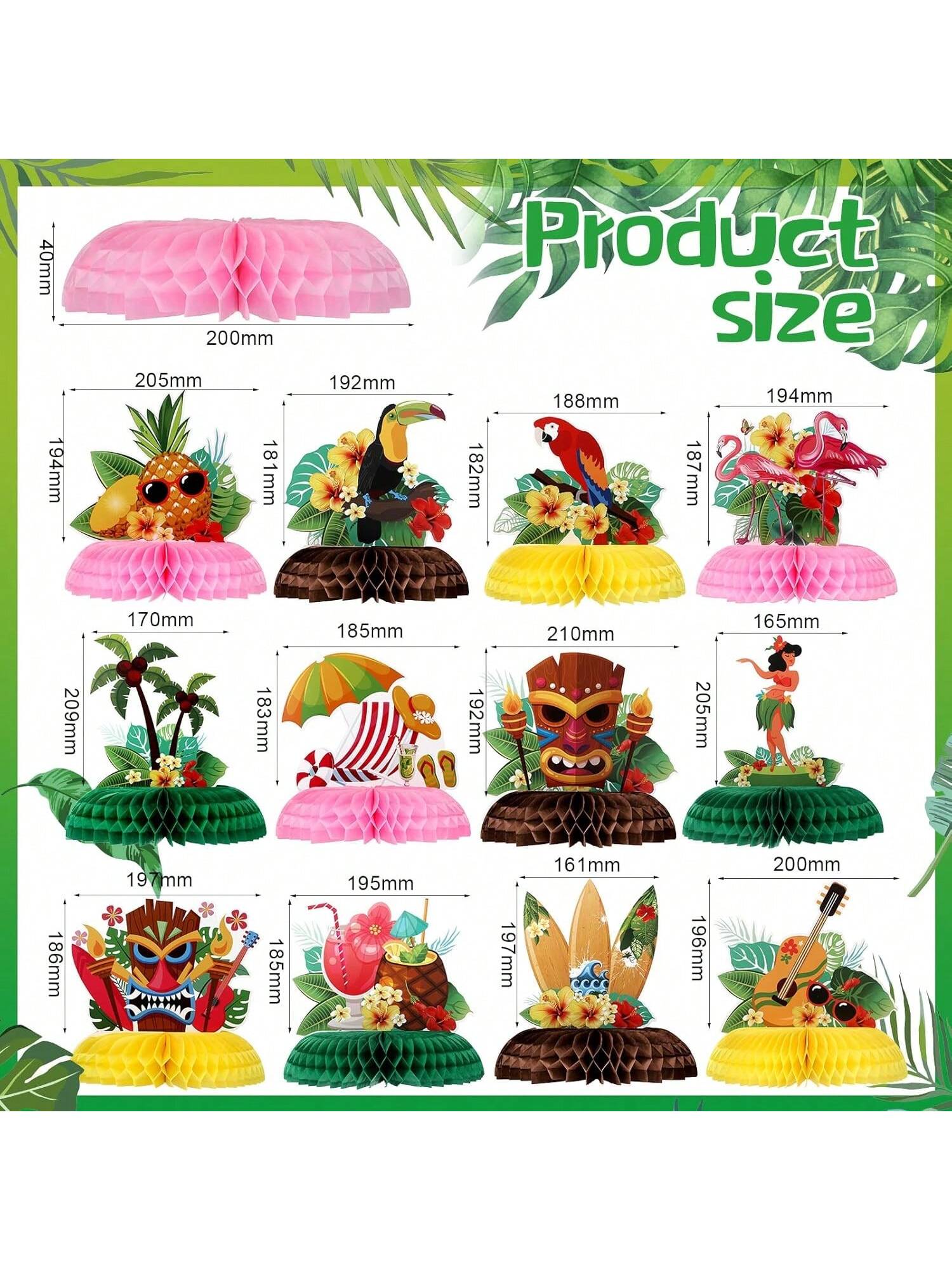 12-Piece Hawaiian Luau Honeycomb Centerpieces 8-Inch for Party Table Decor
