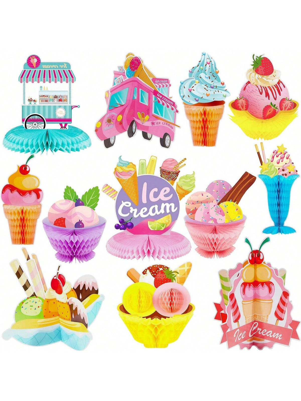 12pcs Ice Cream Honeycomb Table Centerpieces for Baby Shower & Birthday Parties