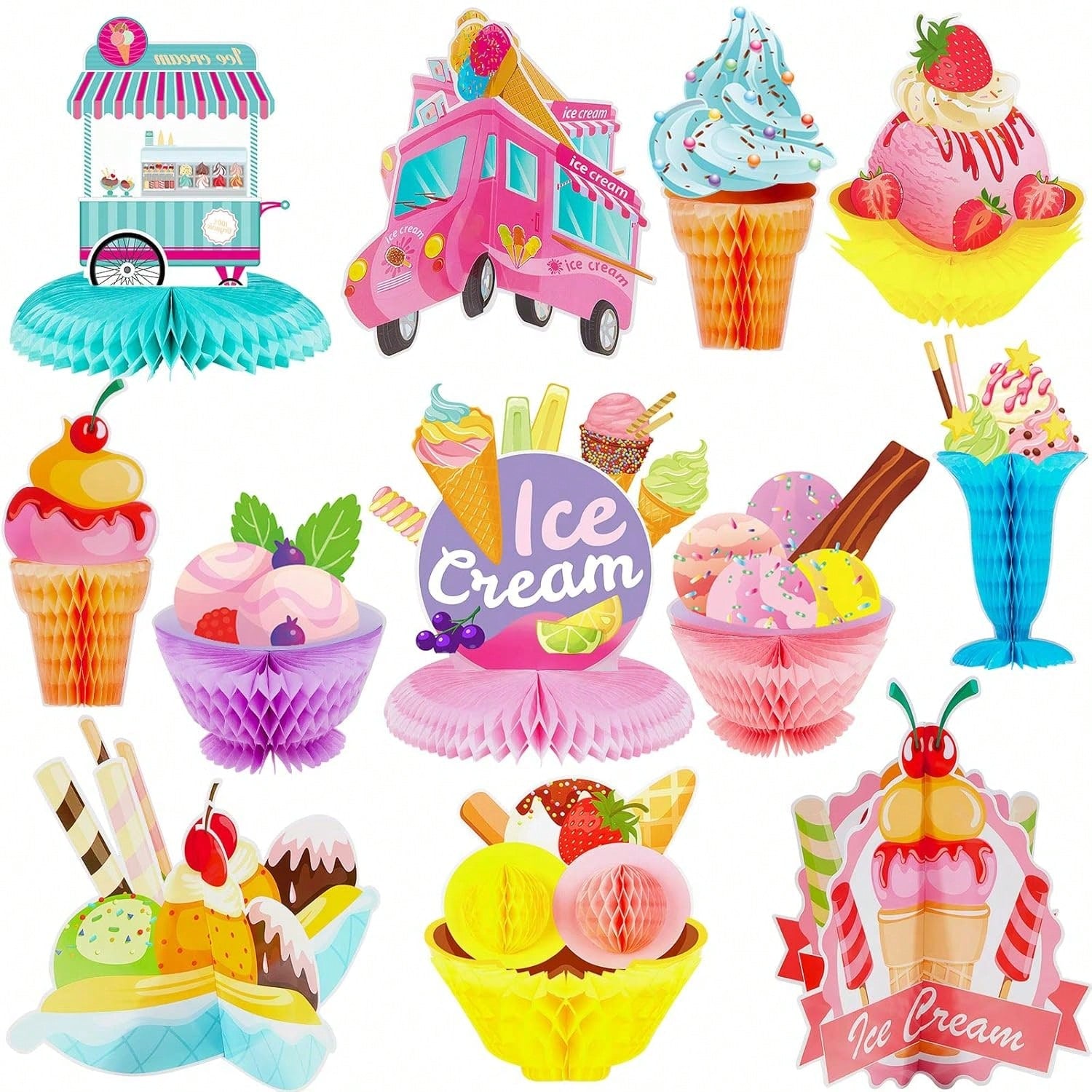 12pcs Ice Cream Honeycomb Table Centerpieces for Baby Shower & Birthday Parties